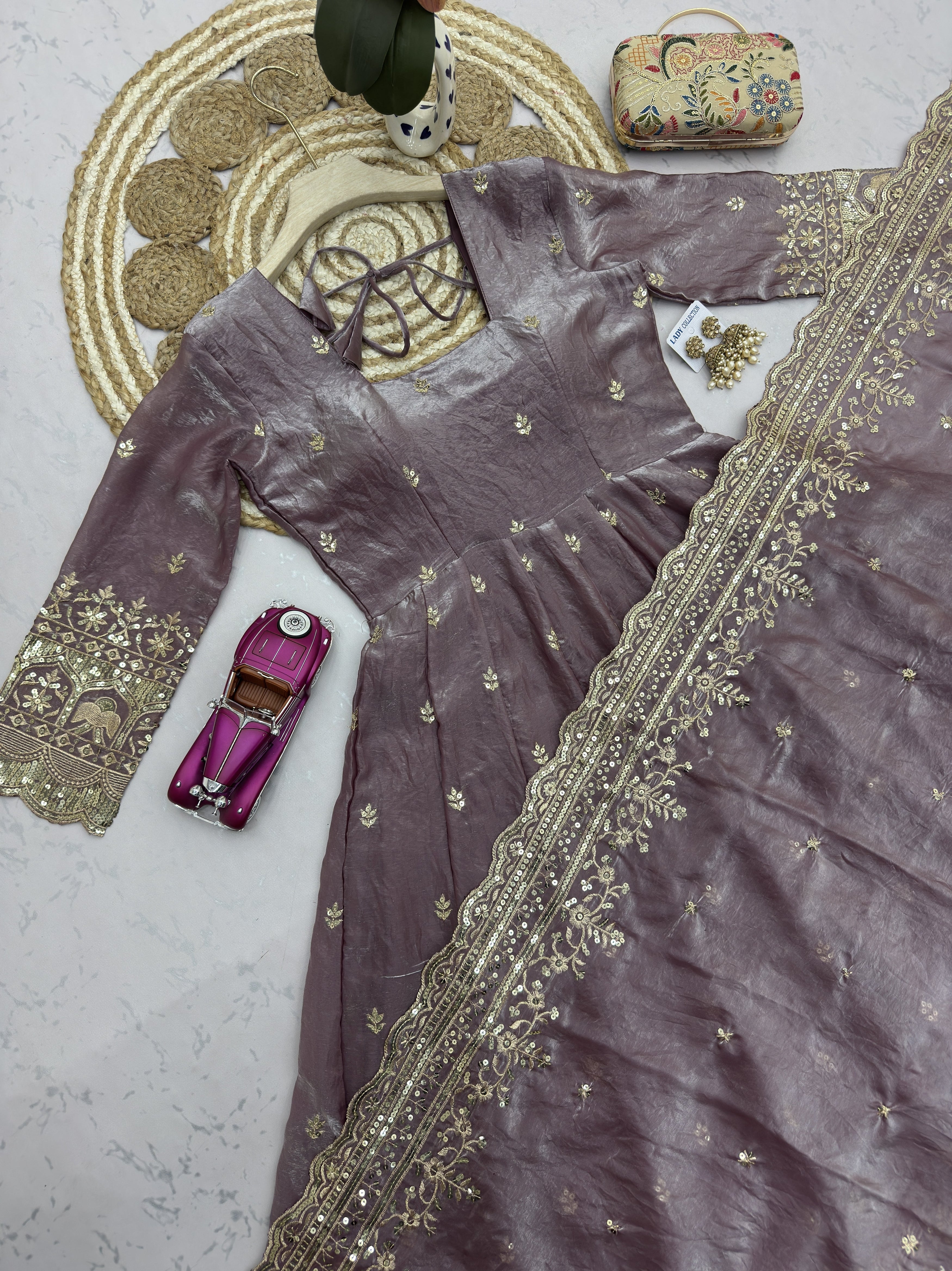 Dusty Mauve Embroidered Anarkali Suit Set for Women | Heavy Zari & Sequins Work with Dupatta