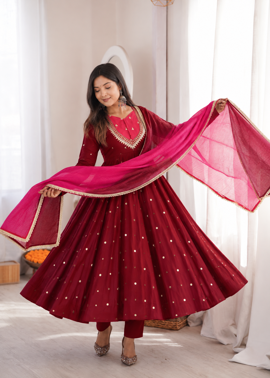 Wine Red with Pink Roman Silk Anarkali Gown With Mirror Work & Kota Dupatta