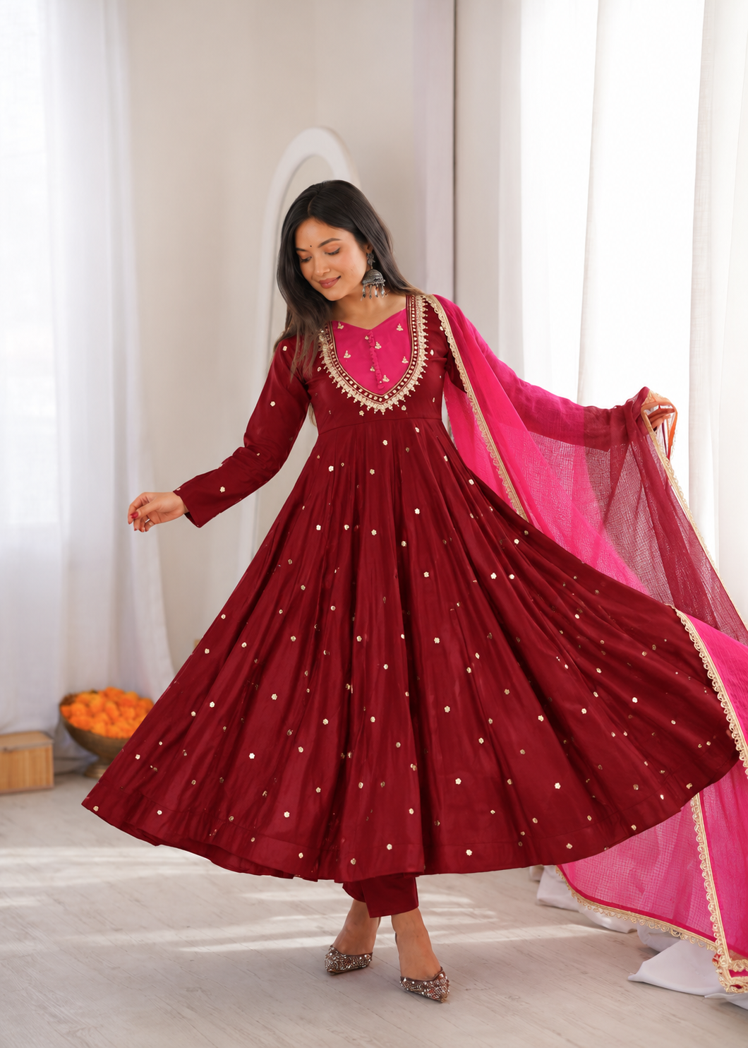 Wine Red with Pink Roman Silk Anarkali Gown With Mirror Work & Kota Dupatta