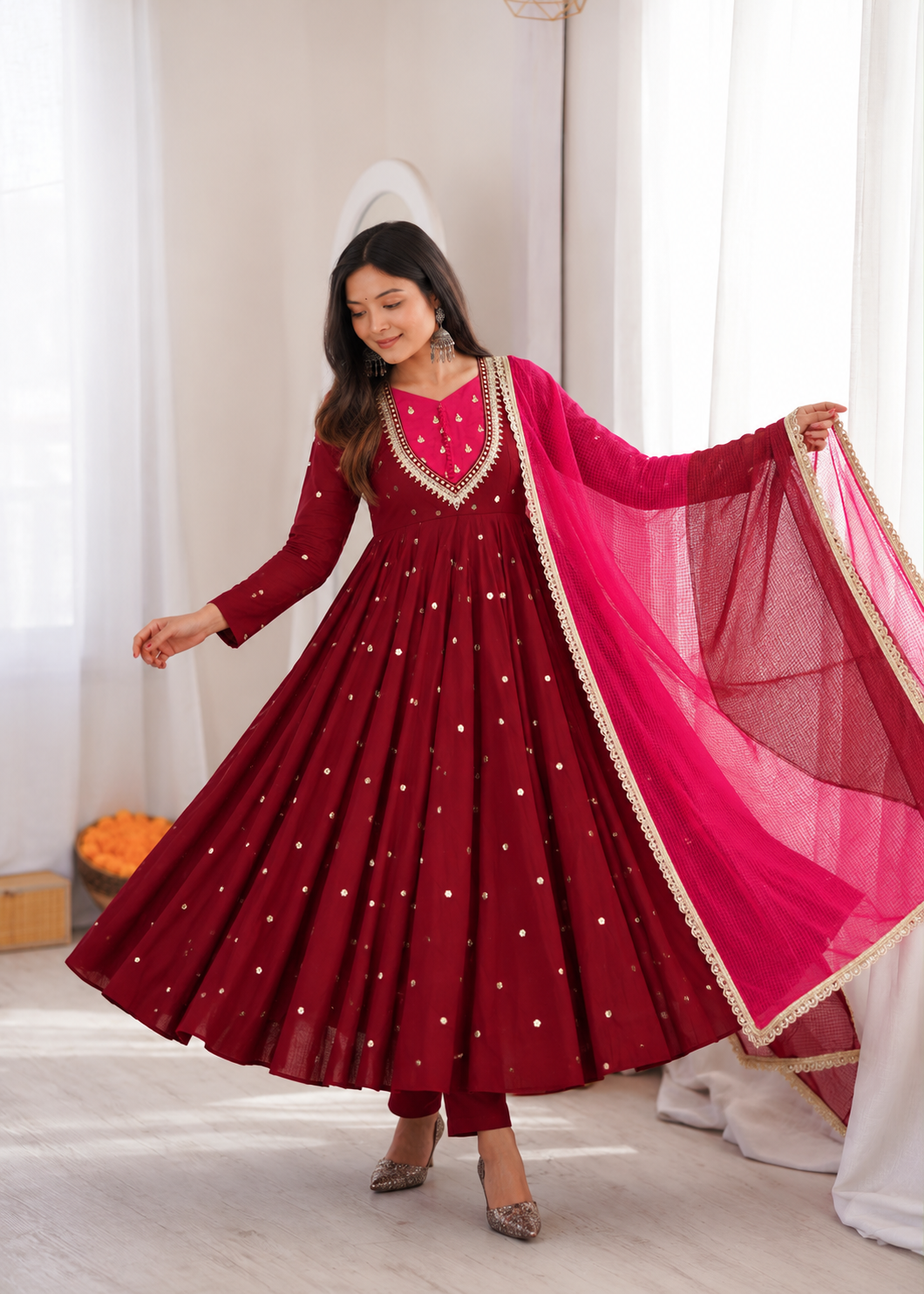 Wine Red with Pink Roman Silk Anarkali Gown With Mirror Work & Kota Dupatta