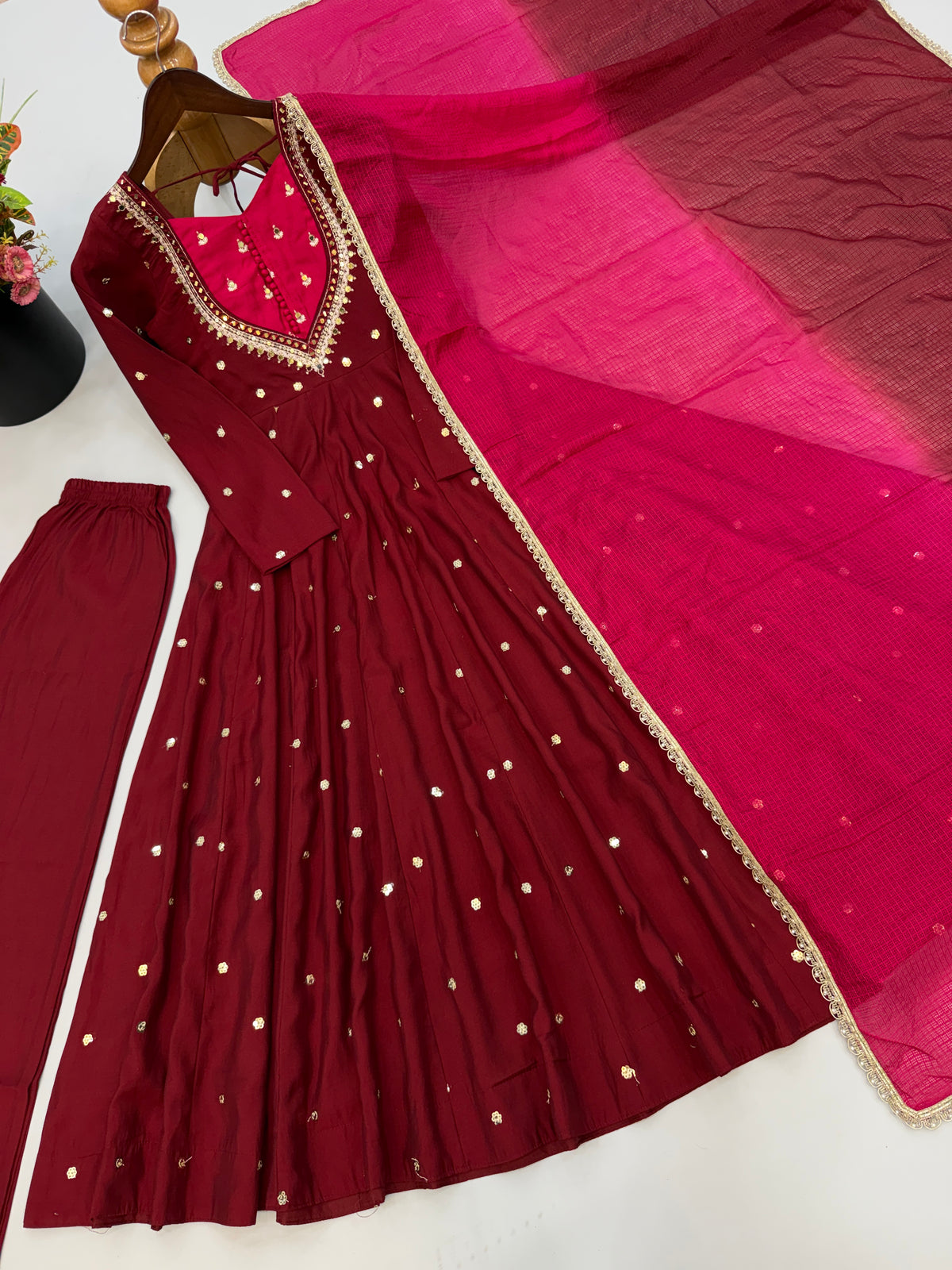 Wine Red with Pink Roman Silk Anarkali Gown With Mirror Work & Kota Dupatta