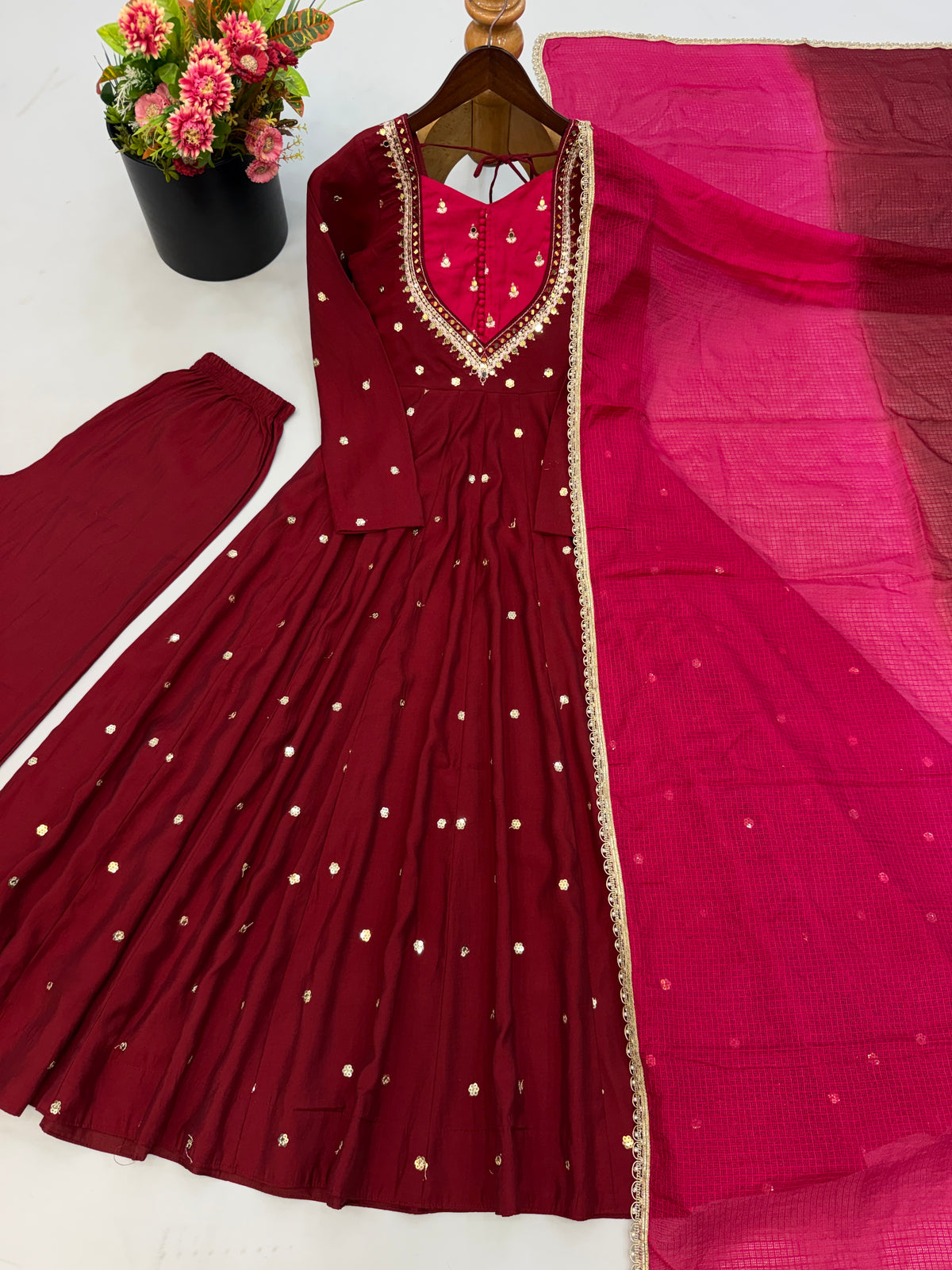 Wine Red with Pink Roman Silk Anarkali Gown With Mirror Work & Kota Dupatta