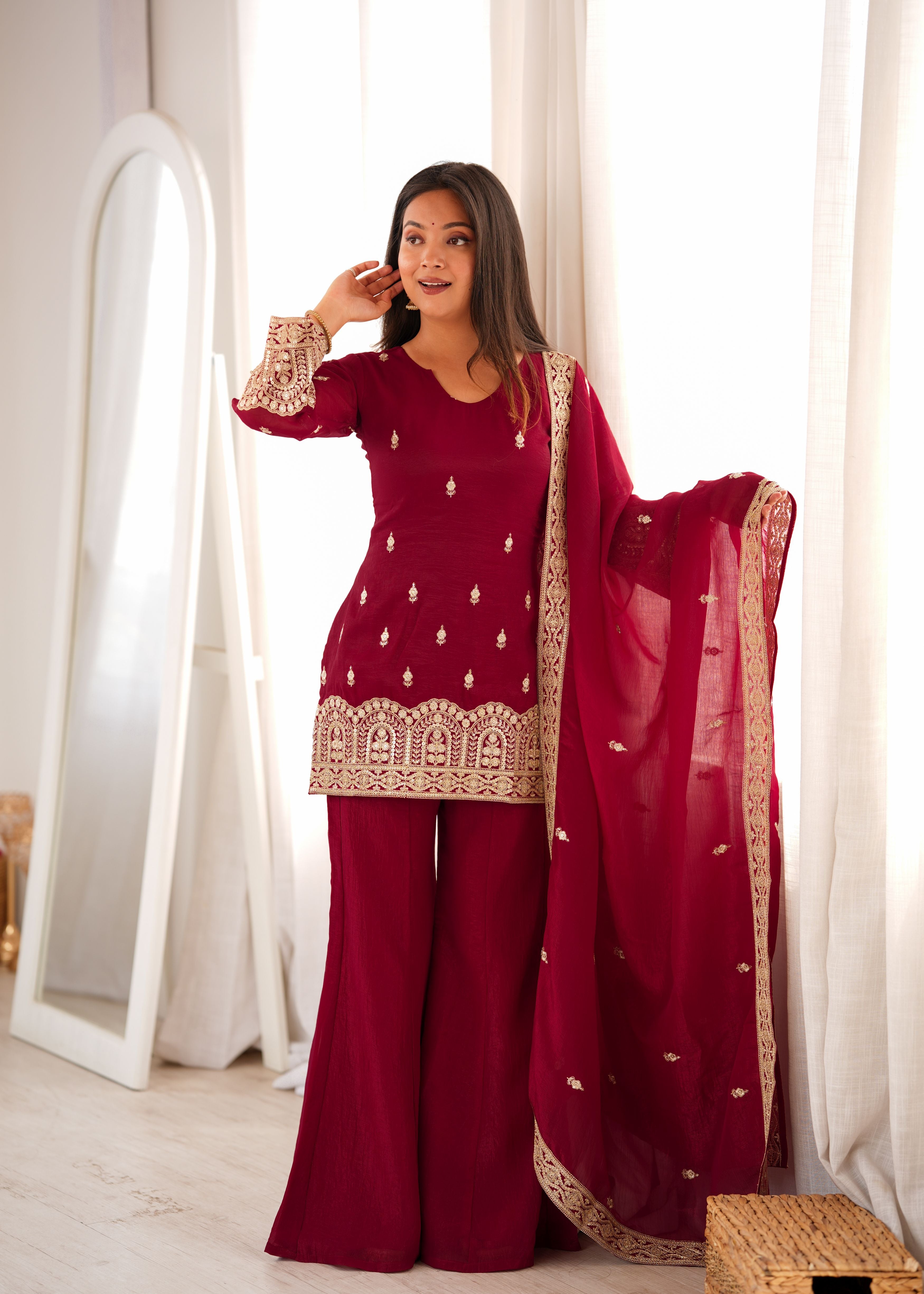 Wine Crunchy Silk Embroidered Kurta Palazzo Set with Dupatta | Designer Festive Wear