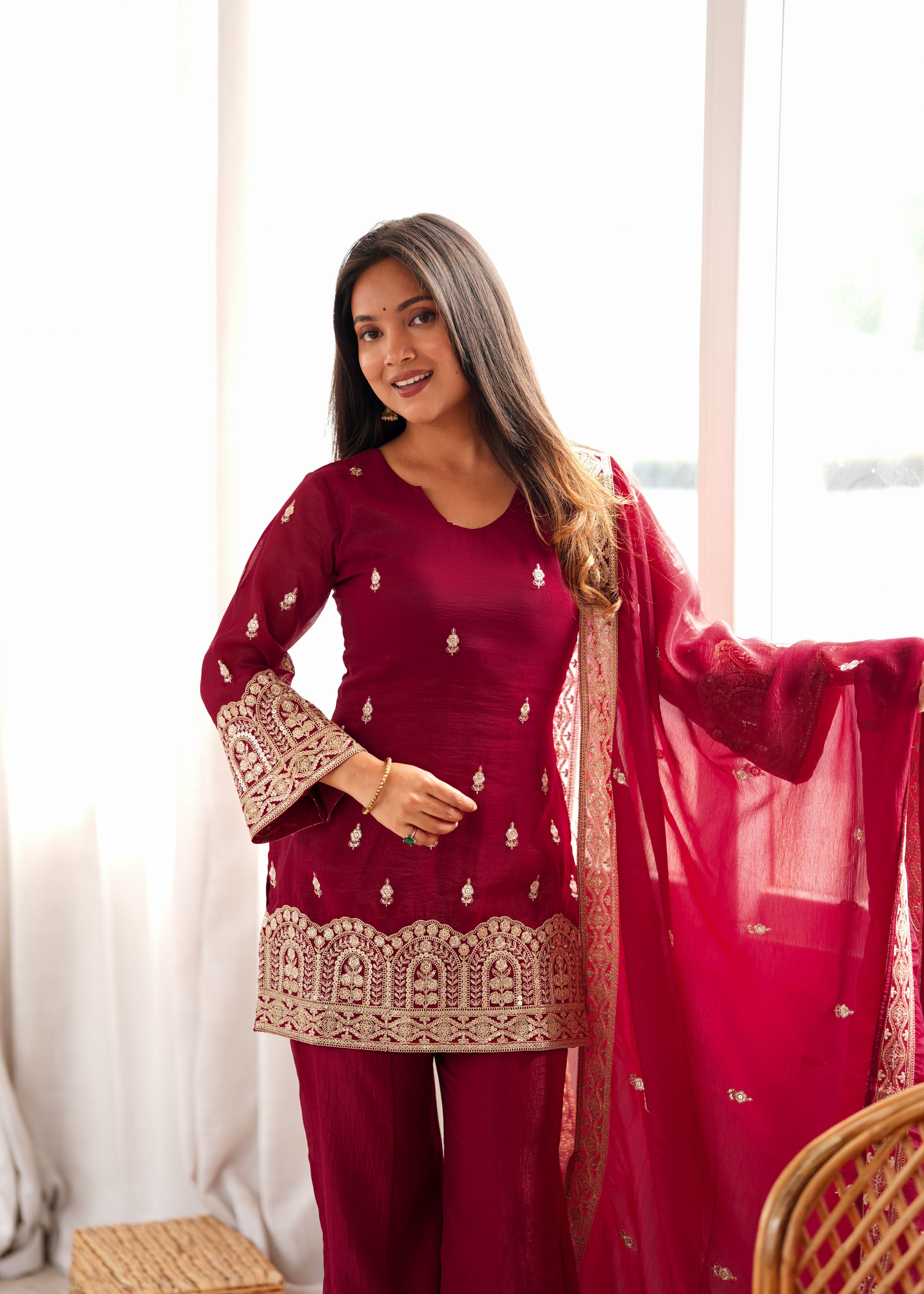Wine Crunchy Silk Embroidered Kurta Palazzo Set with Dupatta | Designer Festive Wear