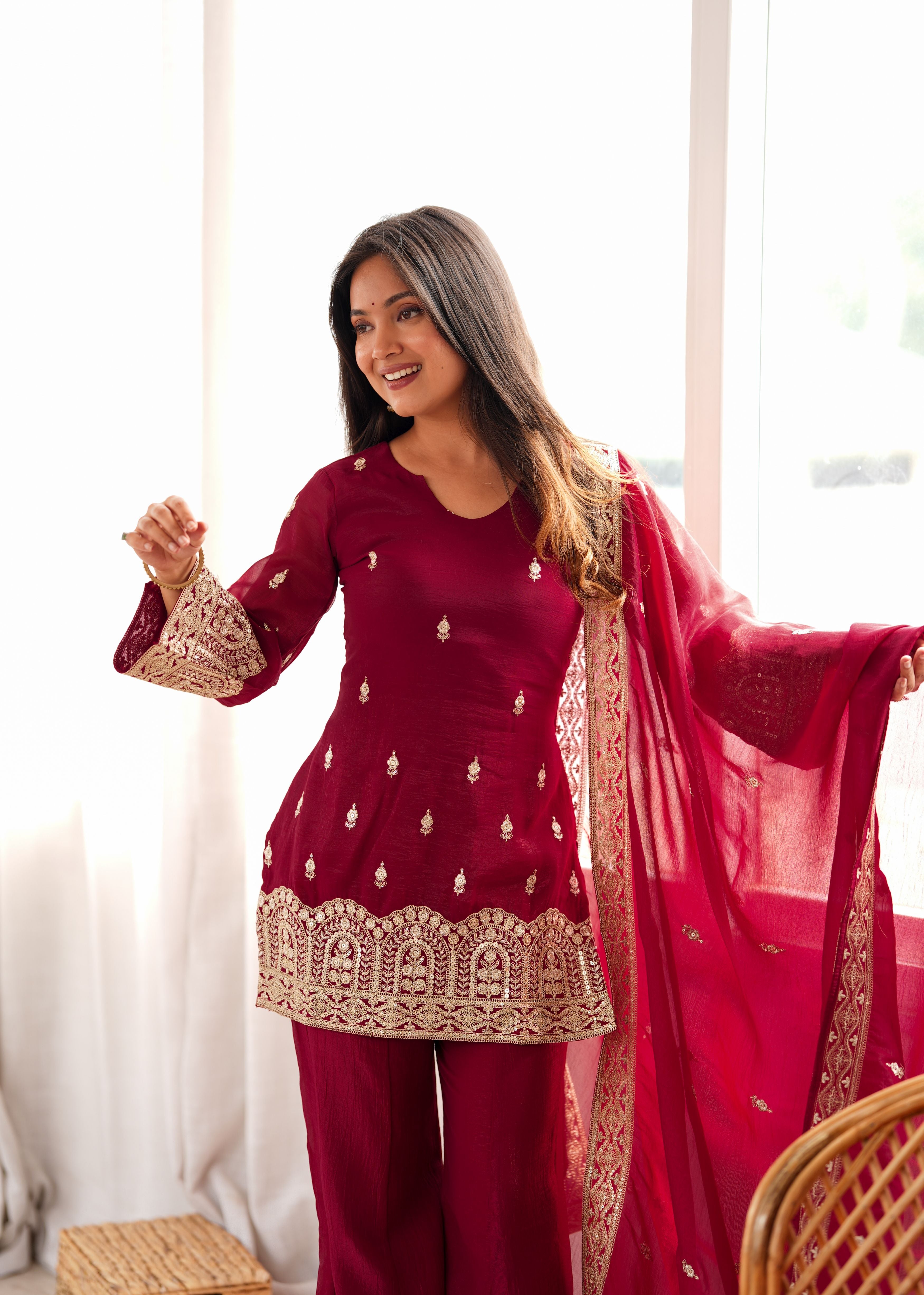 Wine Crunchy Silk Embroidered Kurta Palazzo Set with Dupatta | Designer Festive Wear