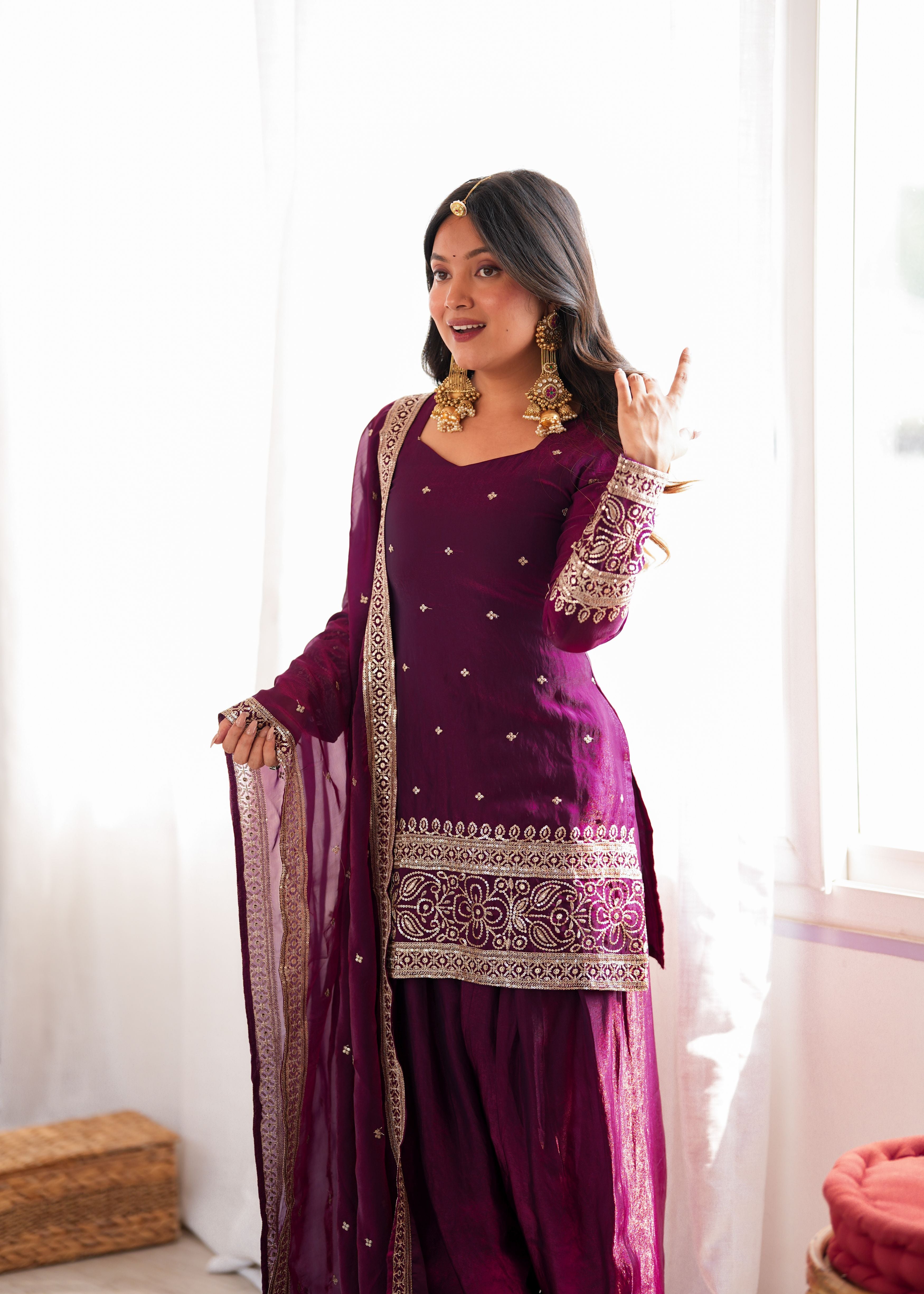 Wine Purple Fendy Silk Farshi Shalwar Suit Set with Embroidered Dupatta
