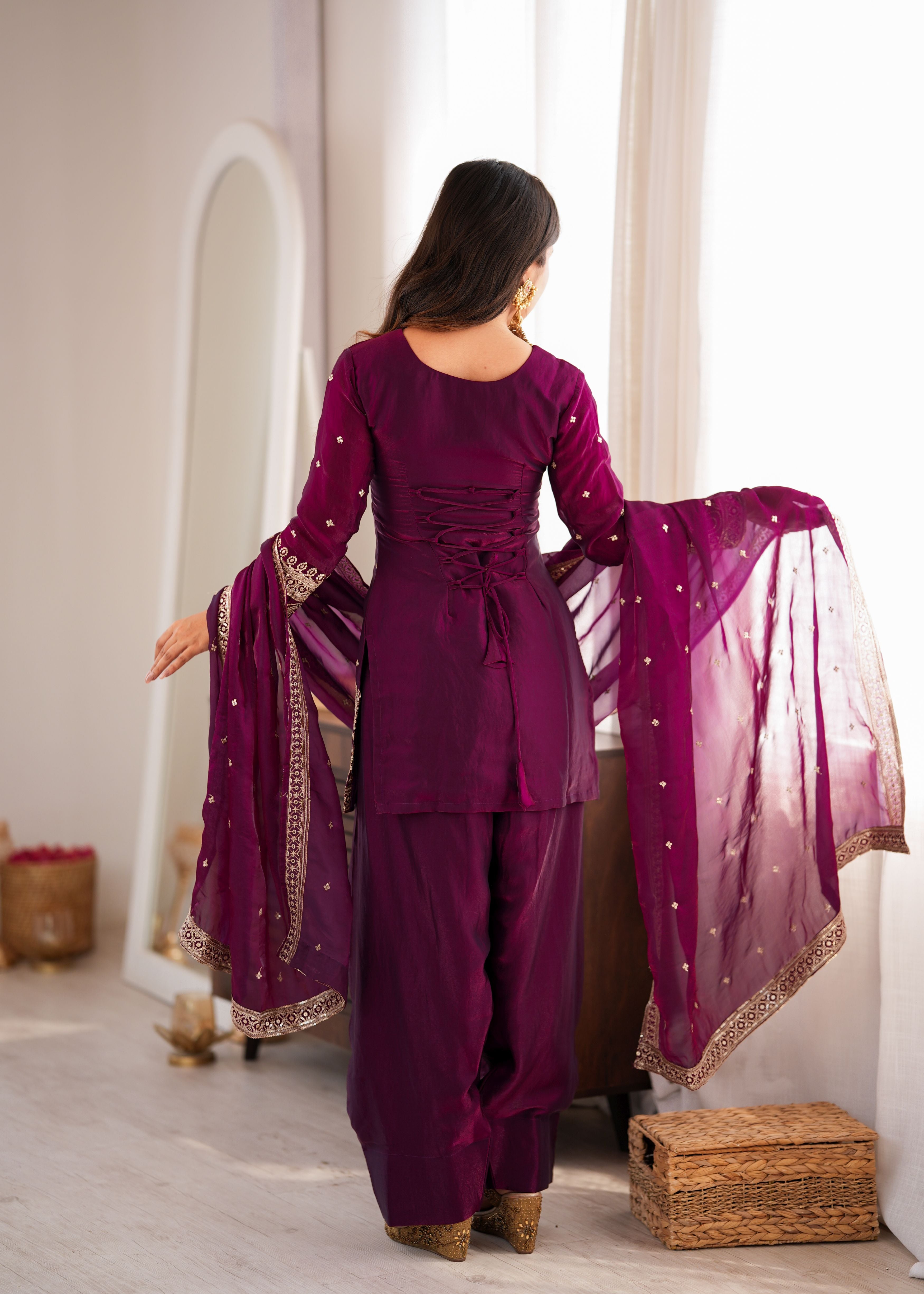 Wine Purple Fendy Silk Farshi Shalwar Suit Set with Embroidered Dupatta