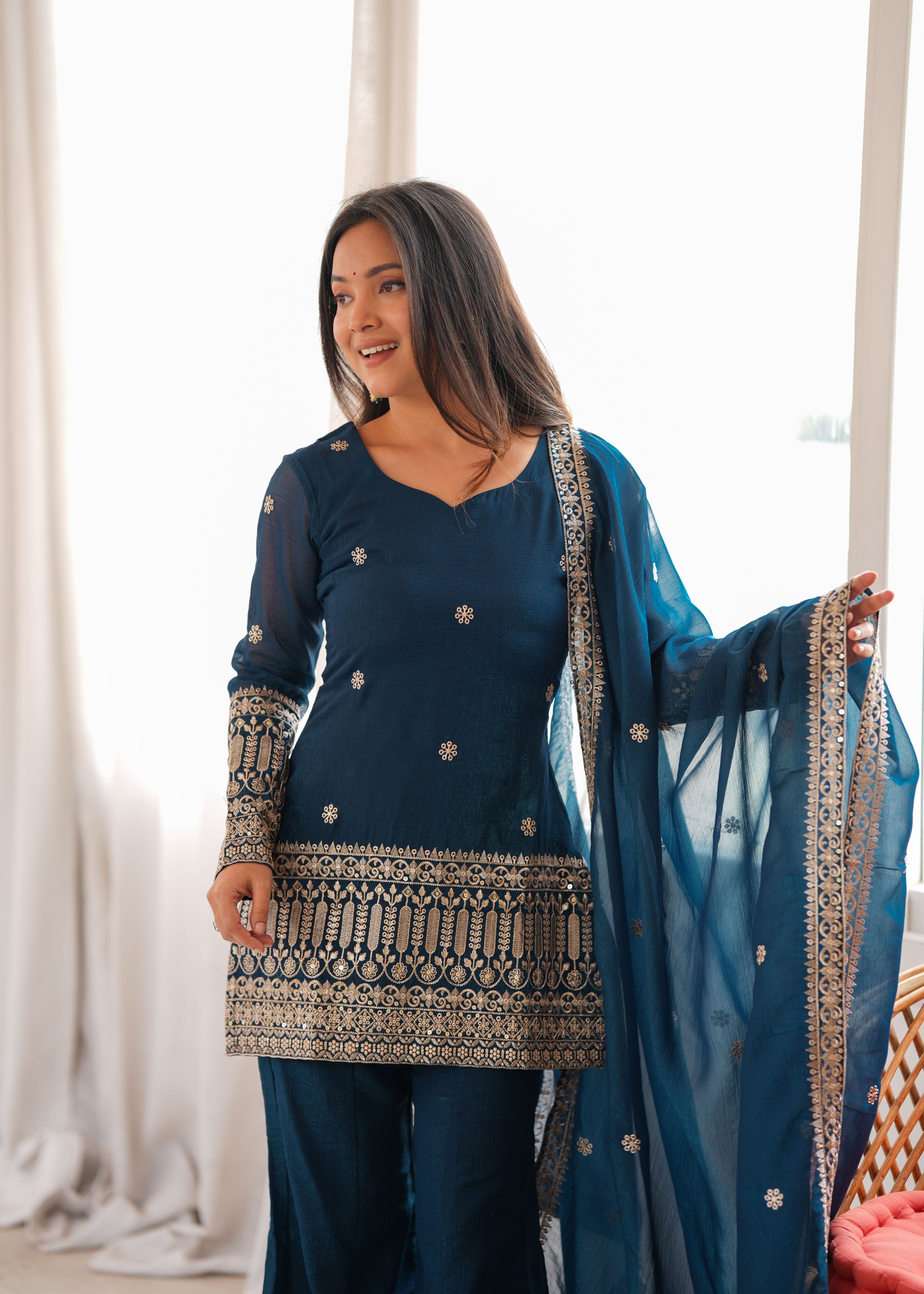Teal Blue Crunchy Silk Embroidered Kurta Palazzo Set with Dupatta