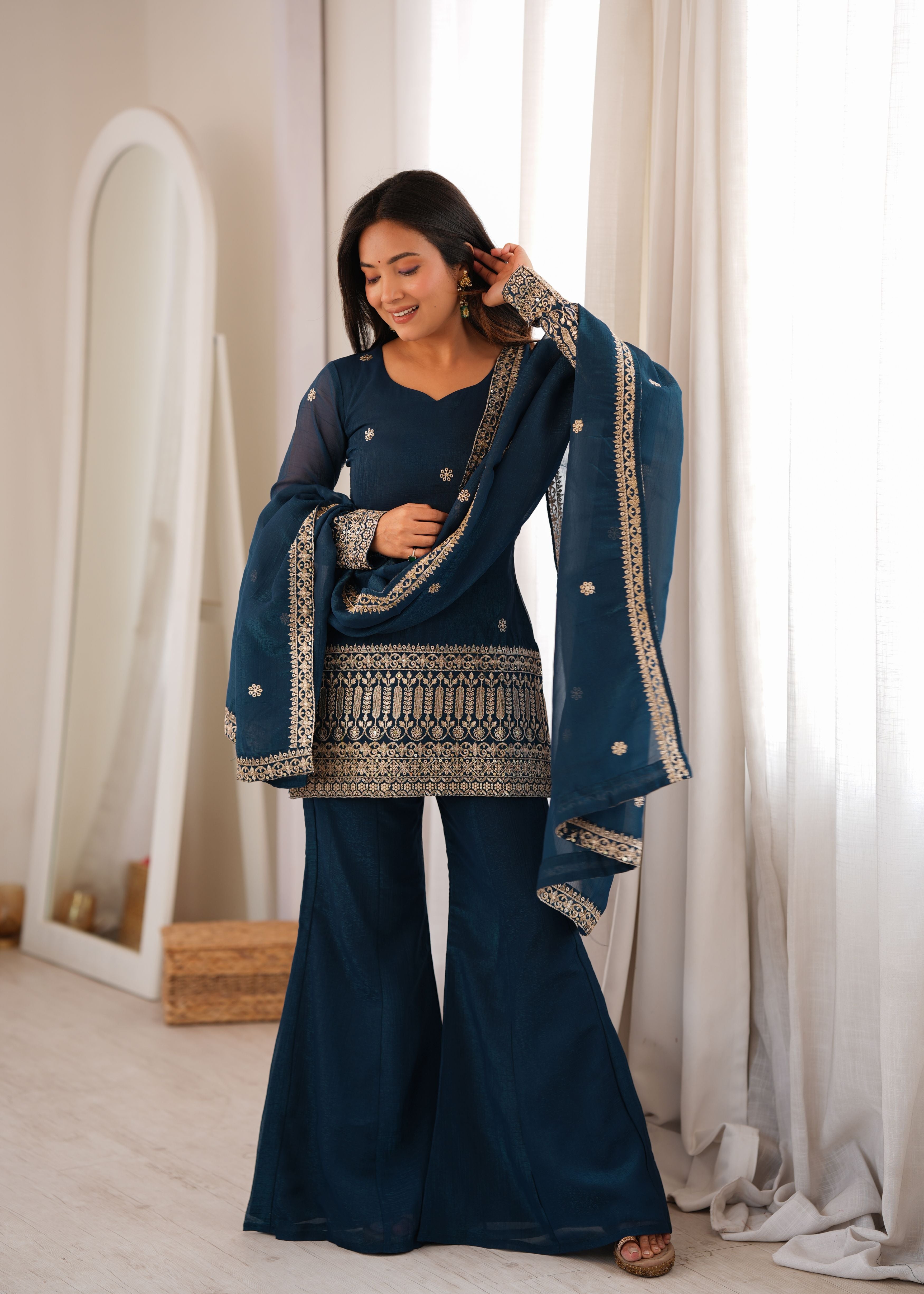 Teal Blue Crunchy Silk Embroidered Kurta Palazzo Set with Dupatta