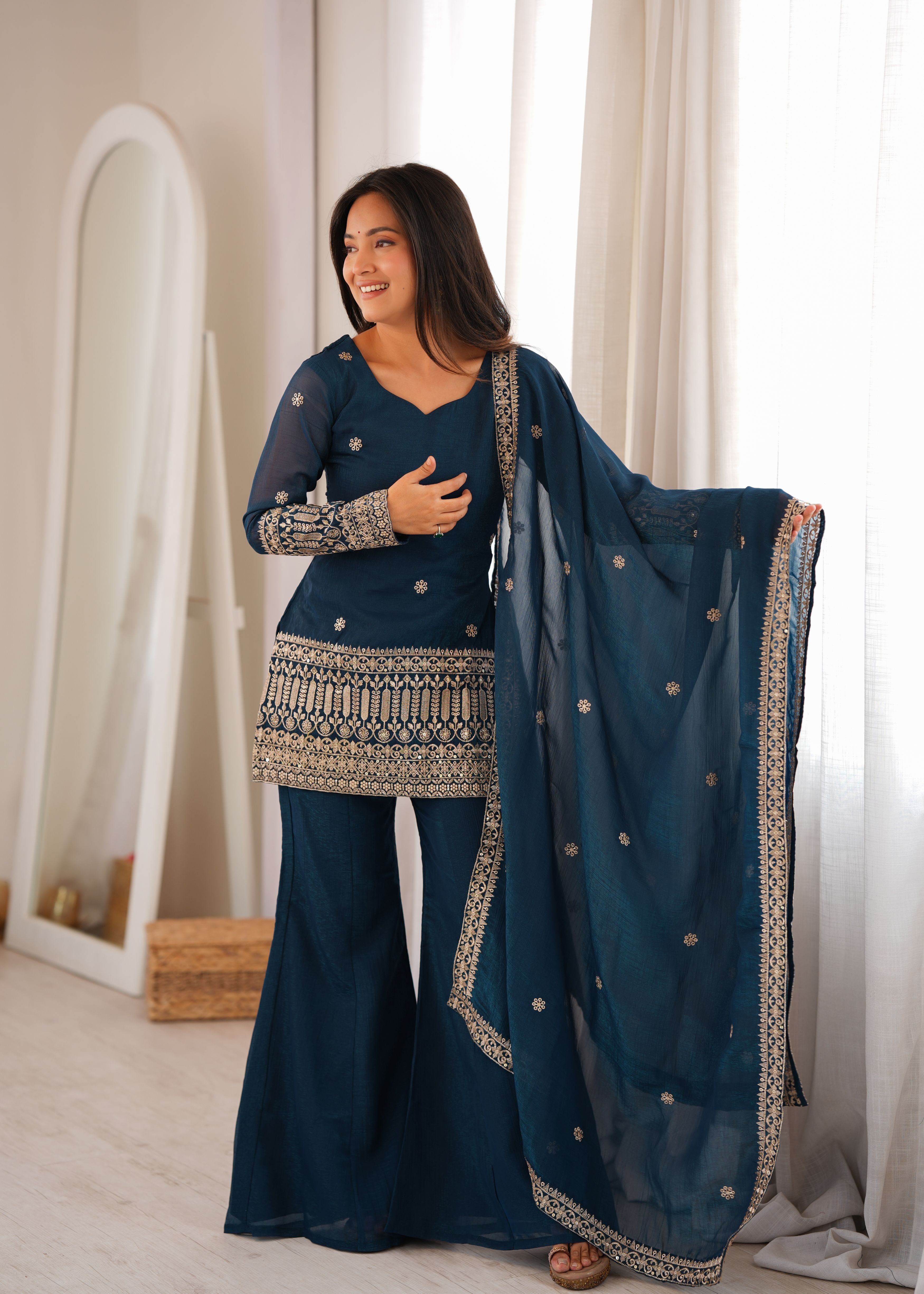 Teal Blue Crunchy Silk Embroidered Kurta Palazzo Set with Dupatta