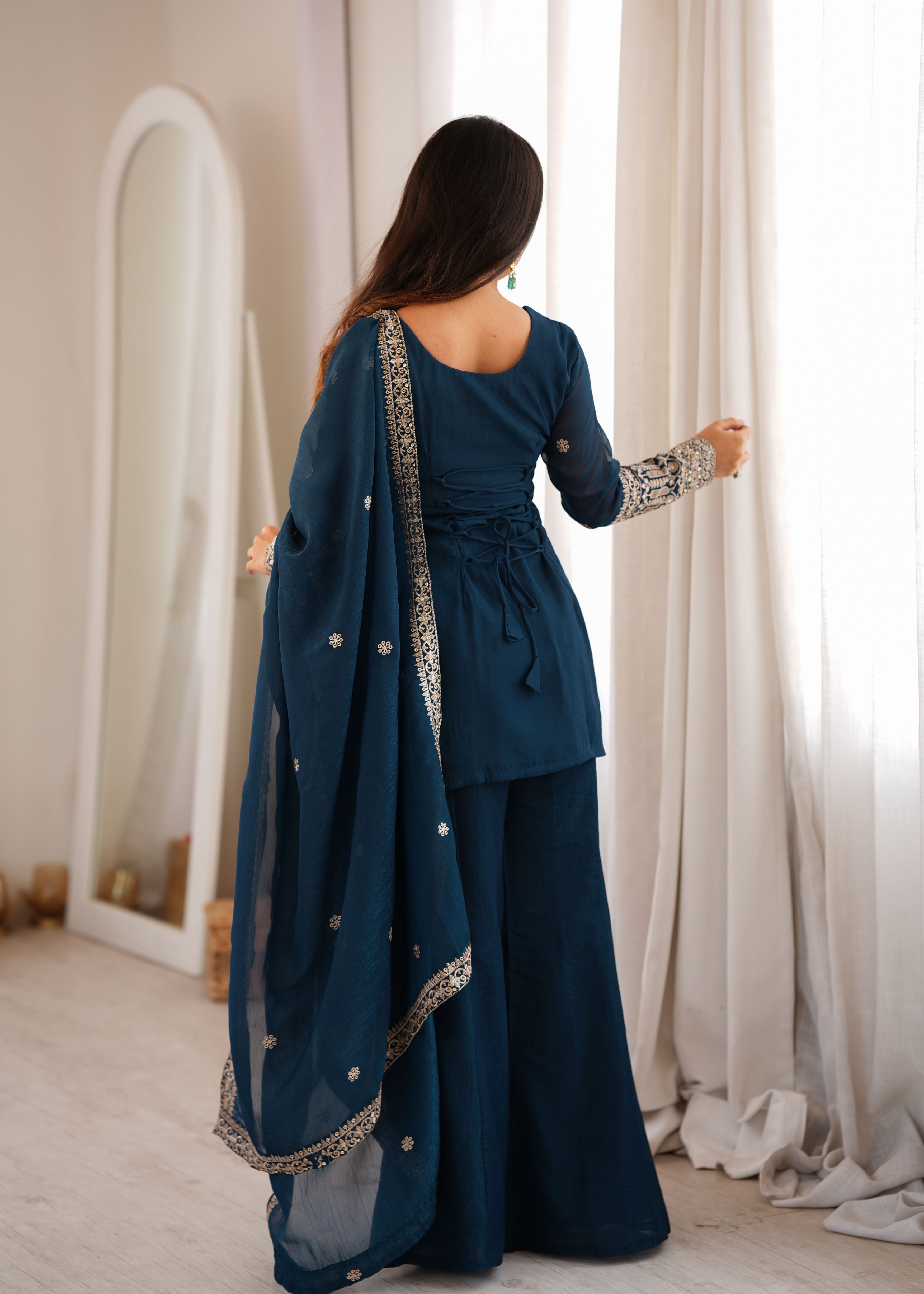 Teal Blue Crunchy Silk Embroidered Kurta Palazzo Set with Dupatta