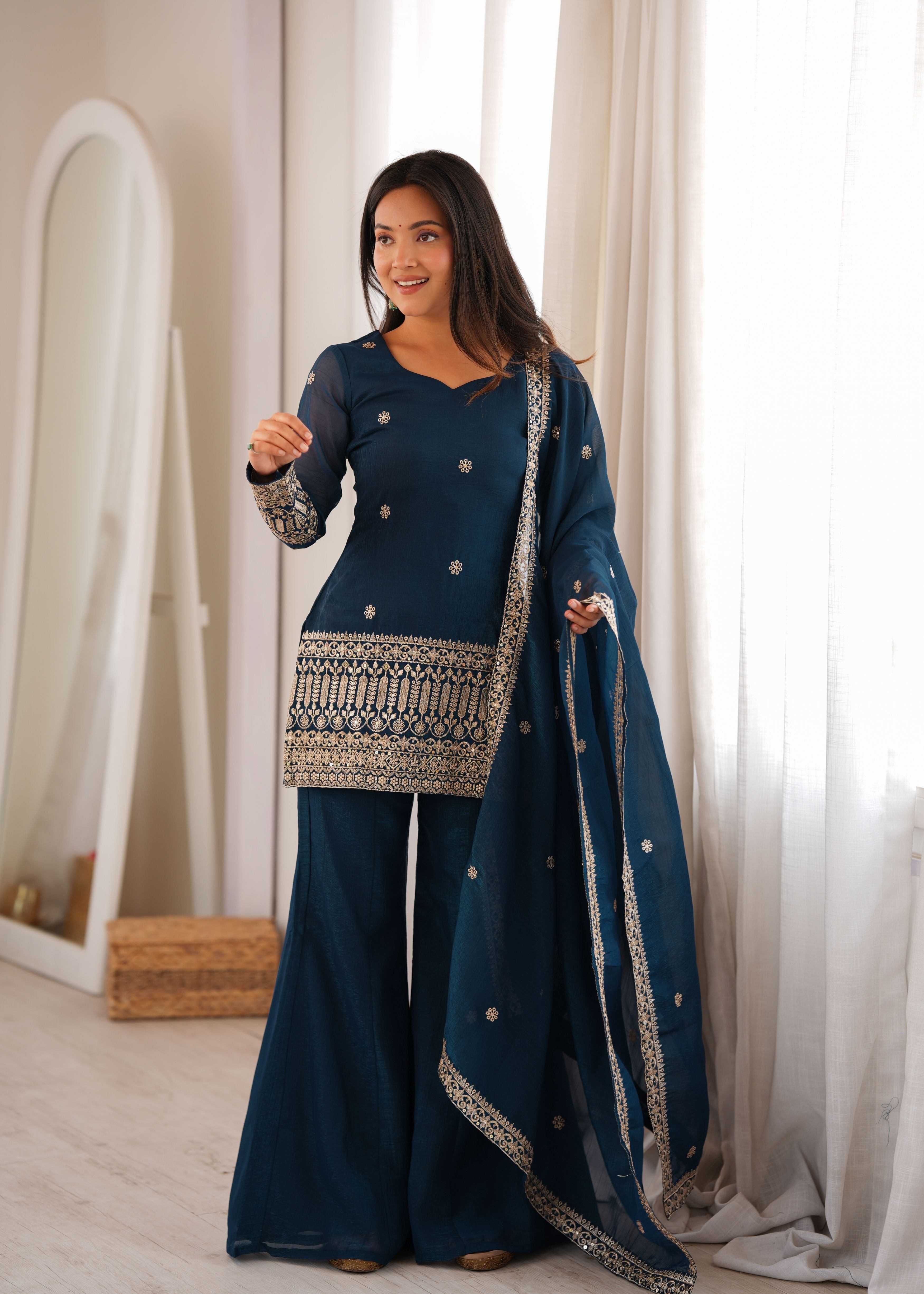 Teal Blue Crunchy Silk Embroidered Kurta Palazzo Set with Dupatta