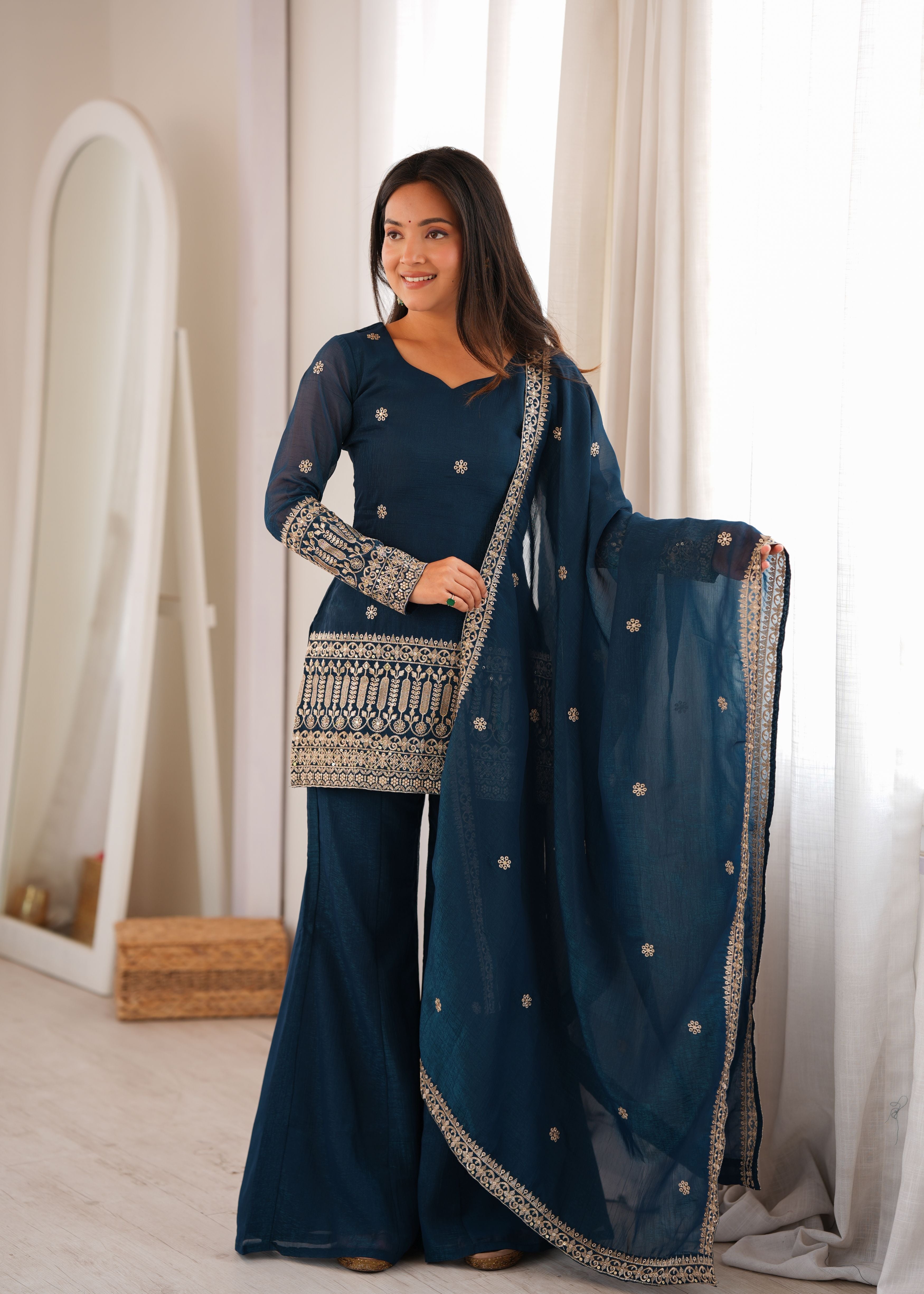 Teal Blue Crunchy Silk Embroidered Kurta Palazzo Set with Dupatta