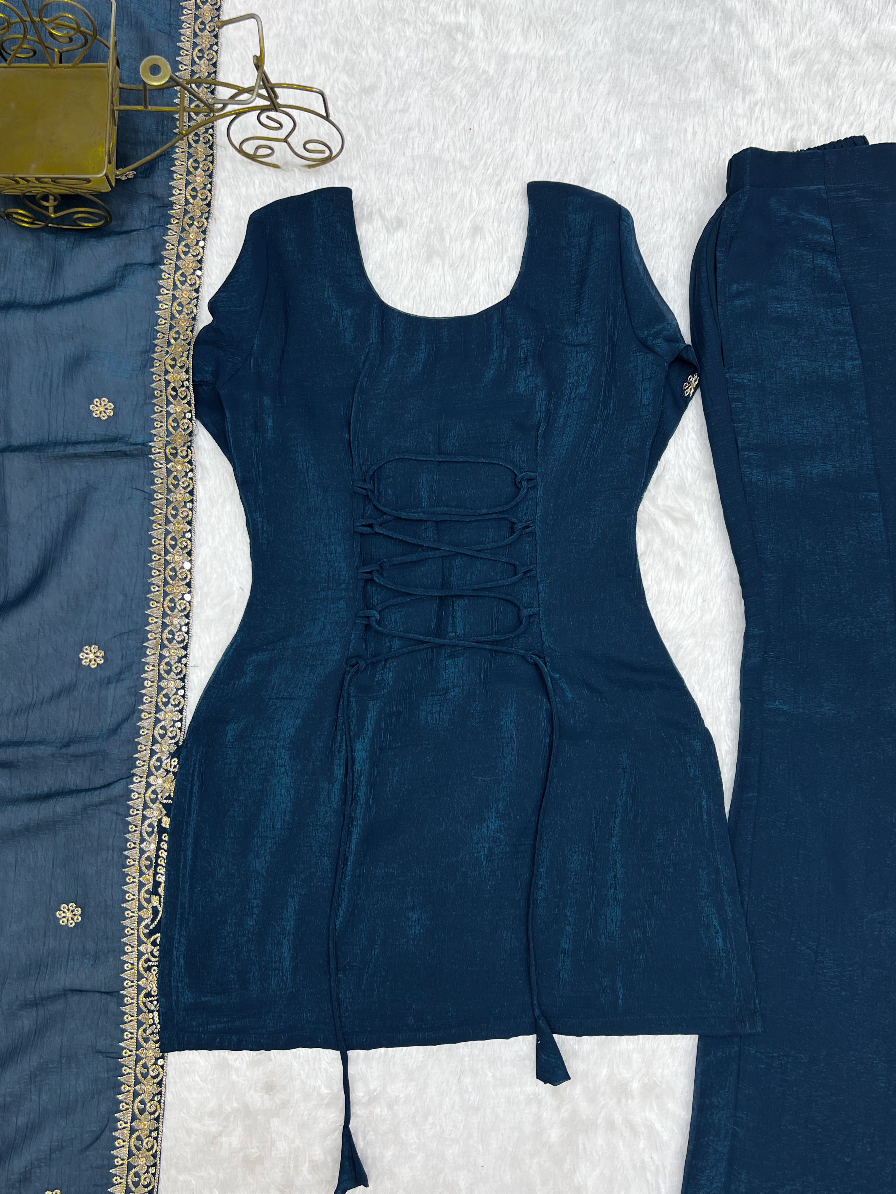 Teal Blue Crunchy Silk Embroidered Kurta Palazzo Set with Dupatta