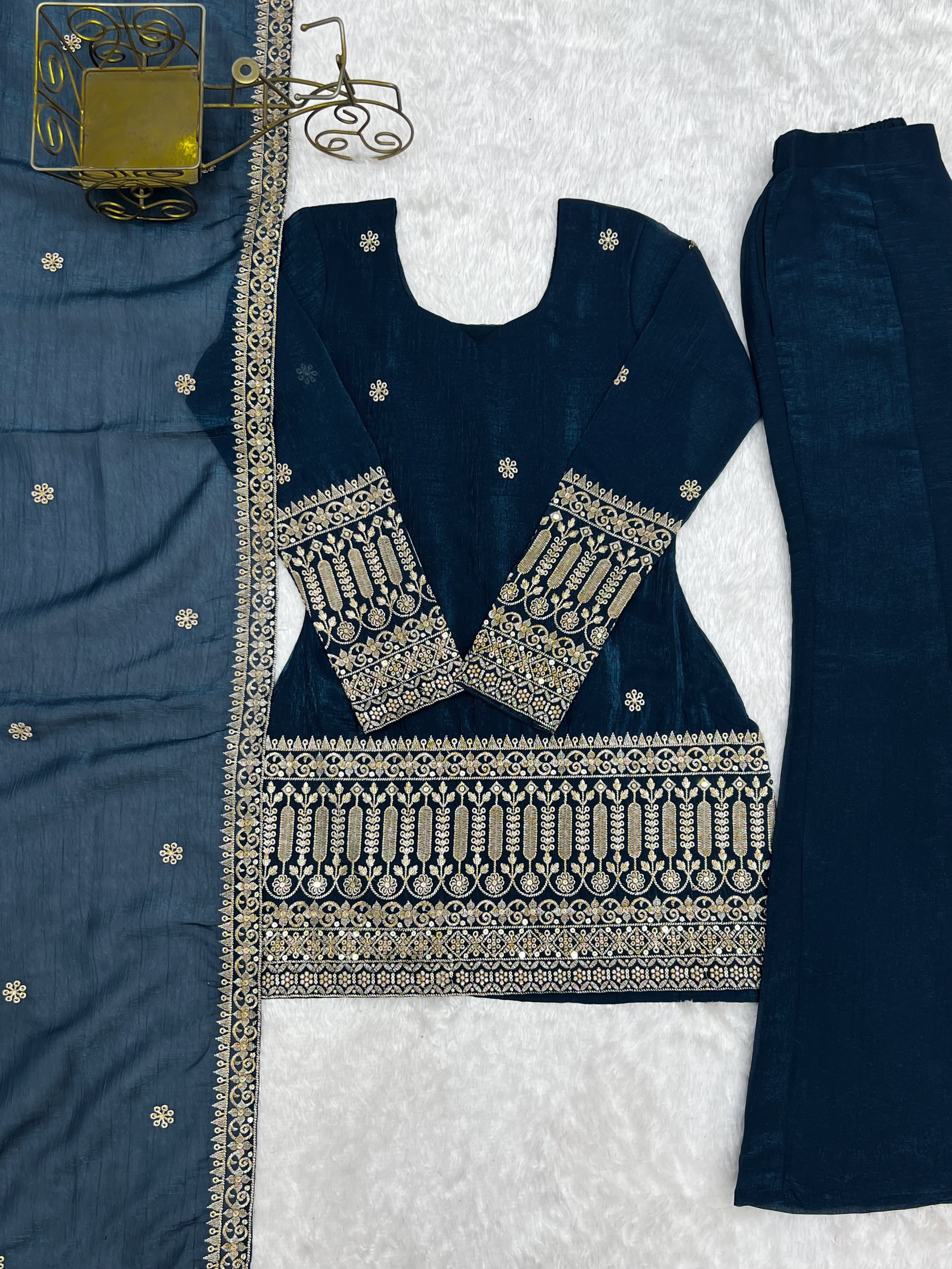 Teal Blue Crunchy Silk Embroidered Kurta Palazzo Set with Dupatta
