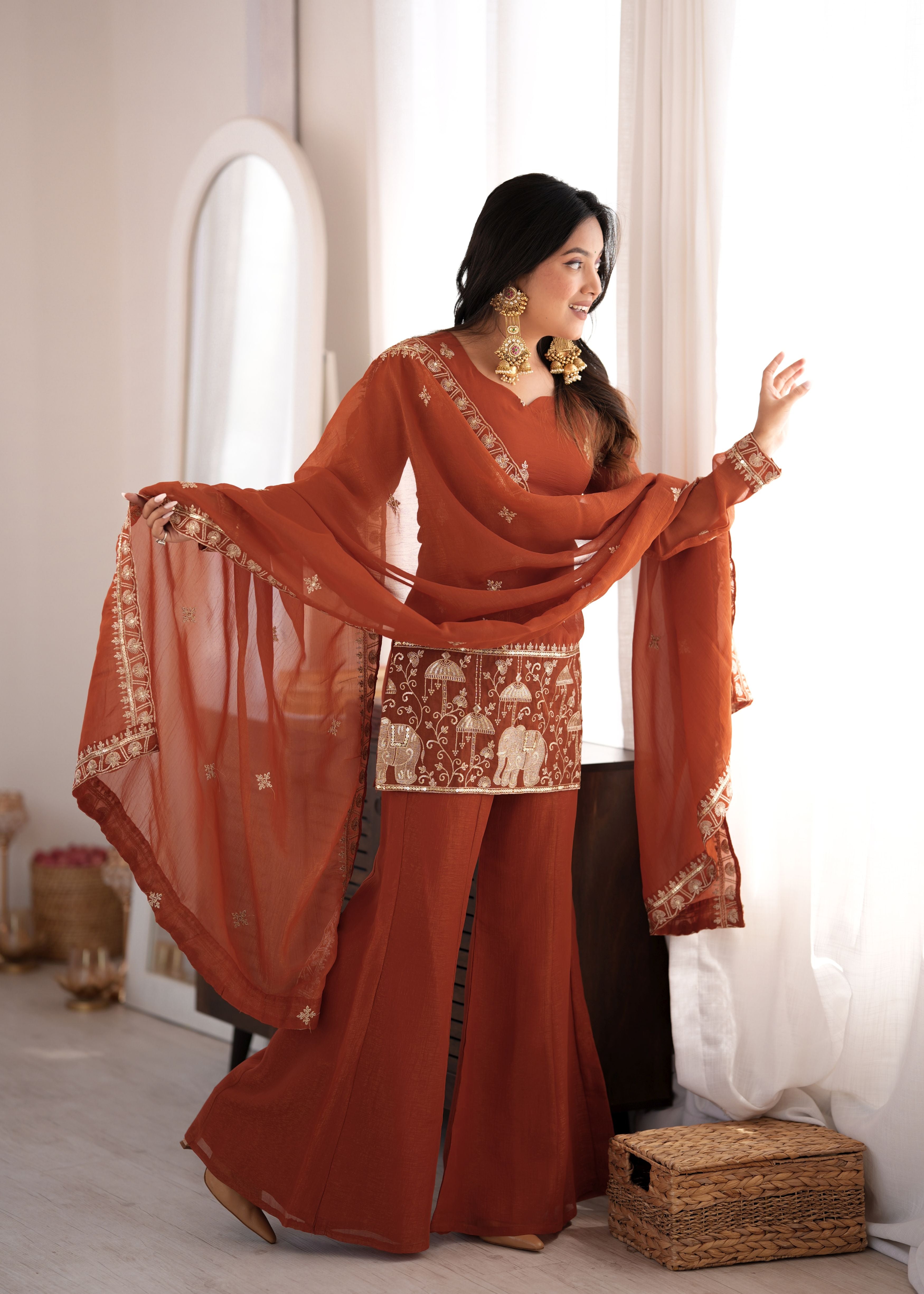 Rust Brown Crunchy Silk Embroidered Kurta Set with Bell Bottom Pants & Dupatta