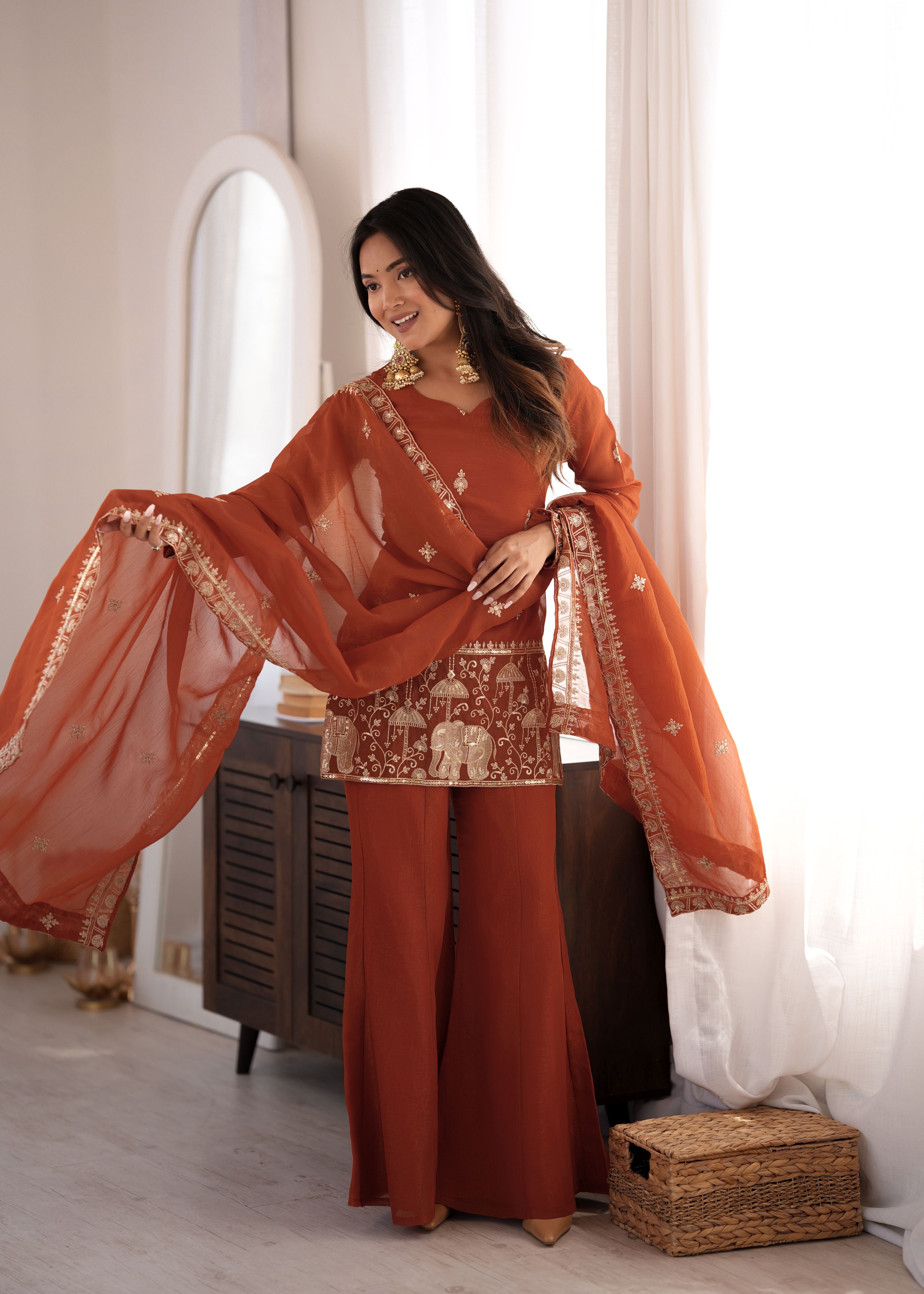 Rust Brown Crunchy Silk Embroidered Kurta Set with Bell Bottom Pants & Dupatta