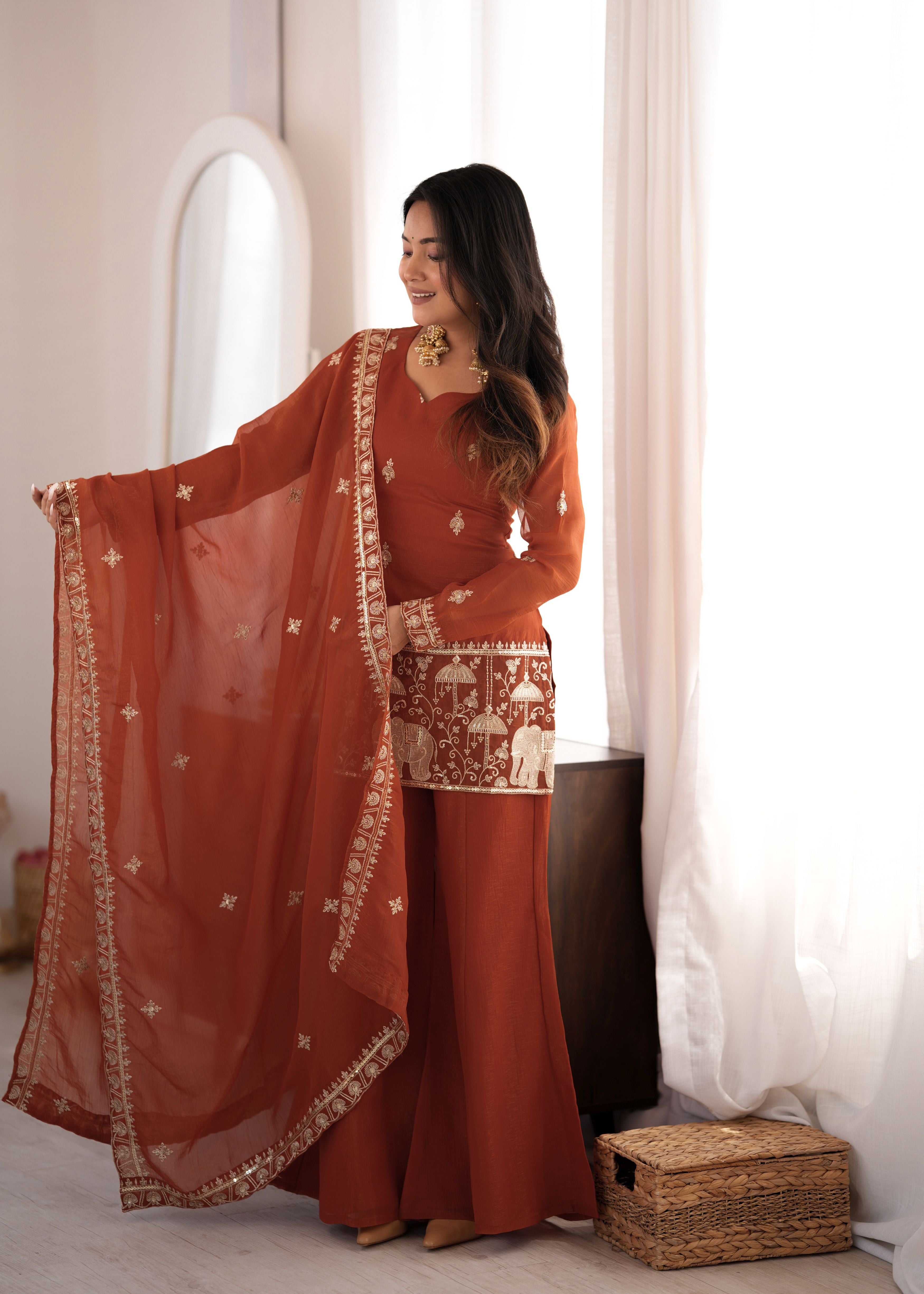 Rust Brown Crunchy Silk Embroidered Kurta Set with Bell Bottom Pants & Dupatta