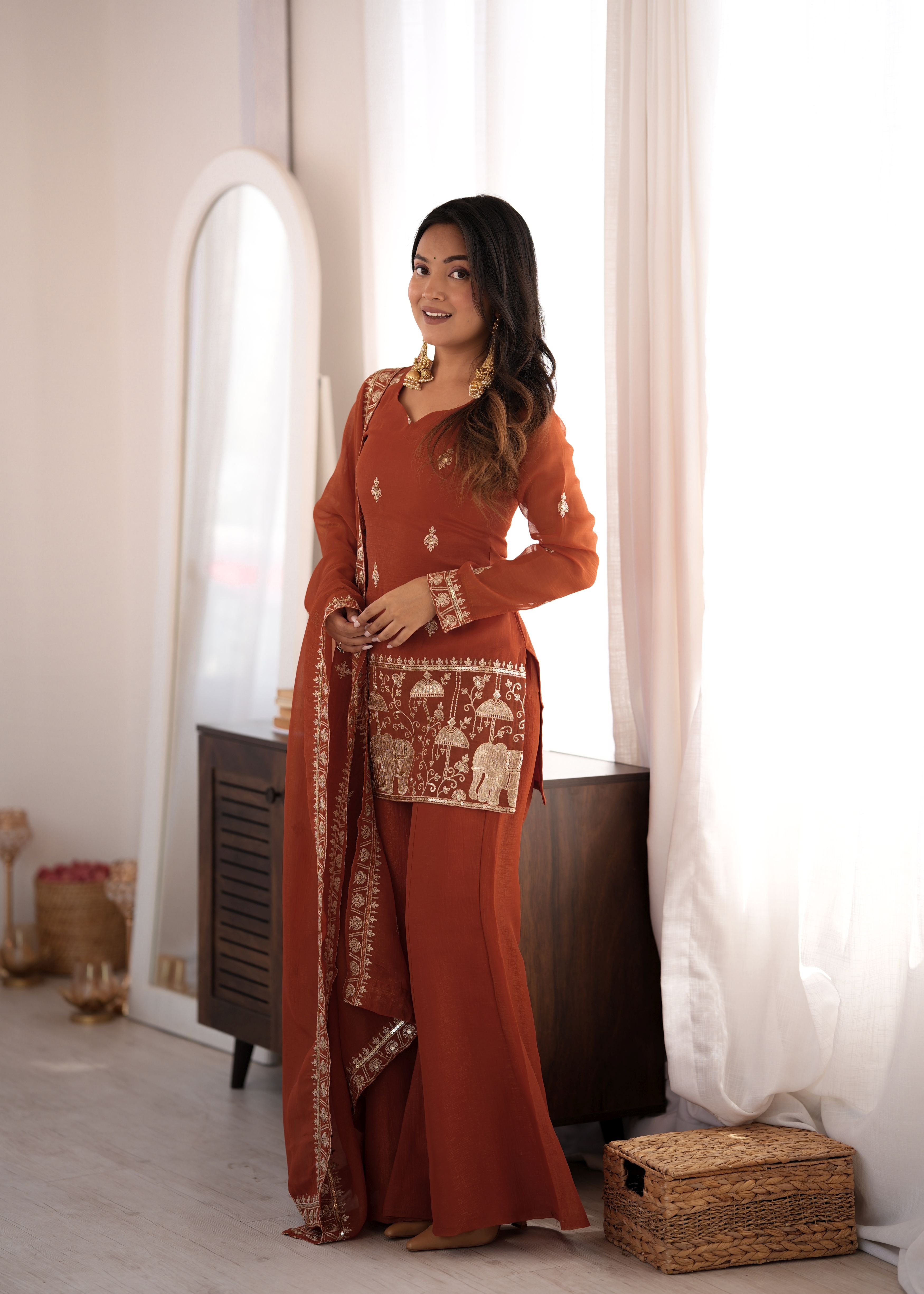 Rust Brown Crunchy Silk Embroidered Kurta Set with Bell Bottom Pants & Dupatta