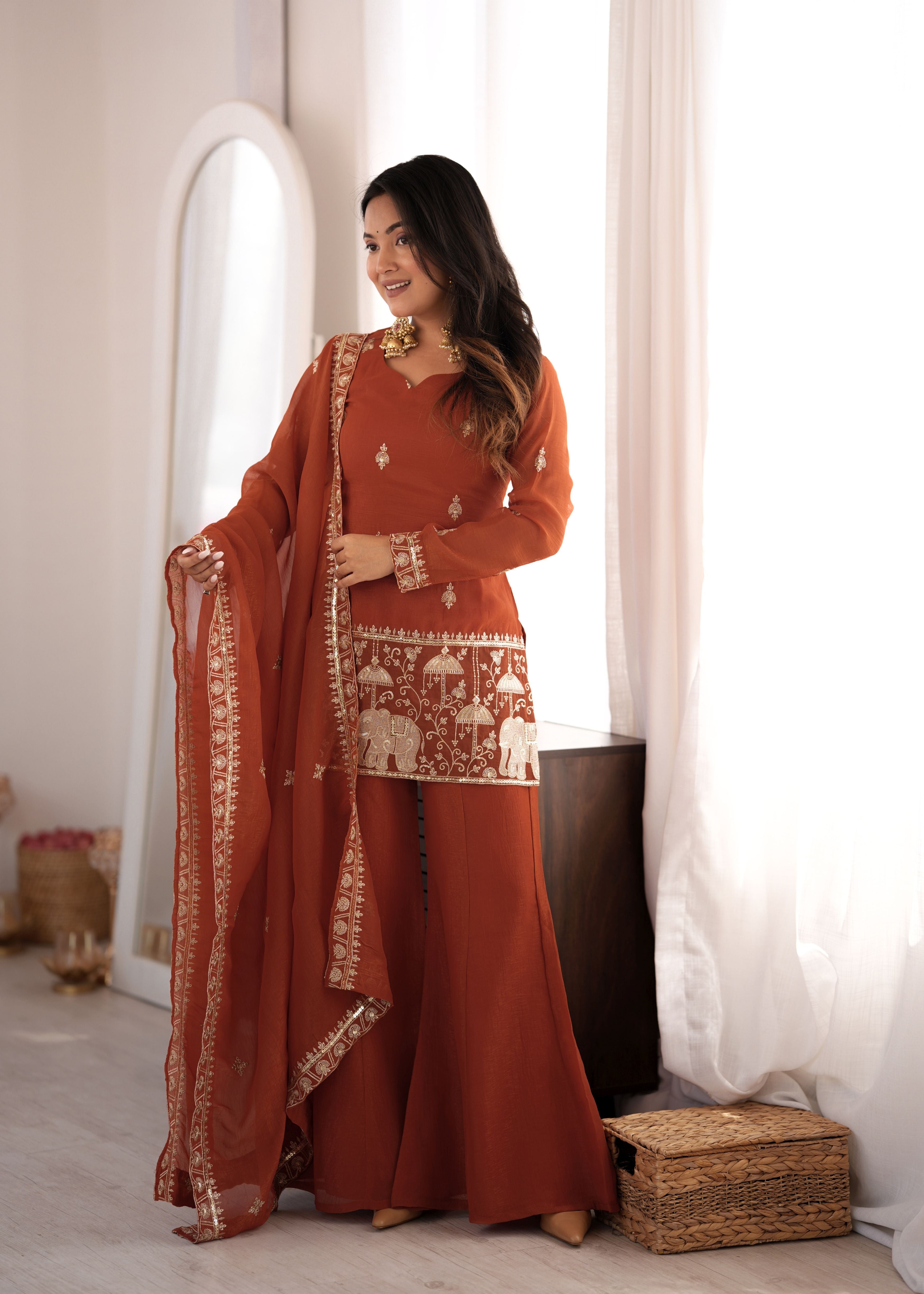 Rust Brown Crunchy Silk Embroidered Kurta Set with Bell Bottom Pants & Dupatta