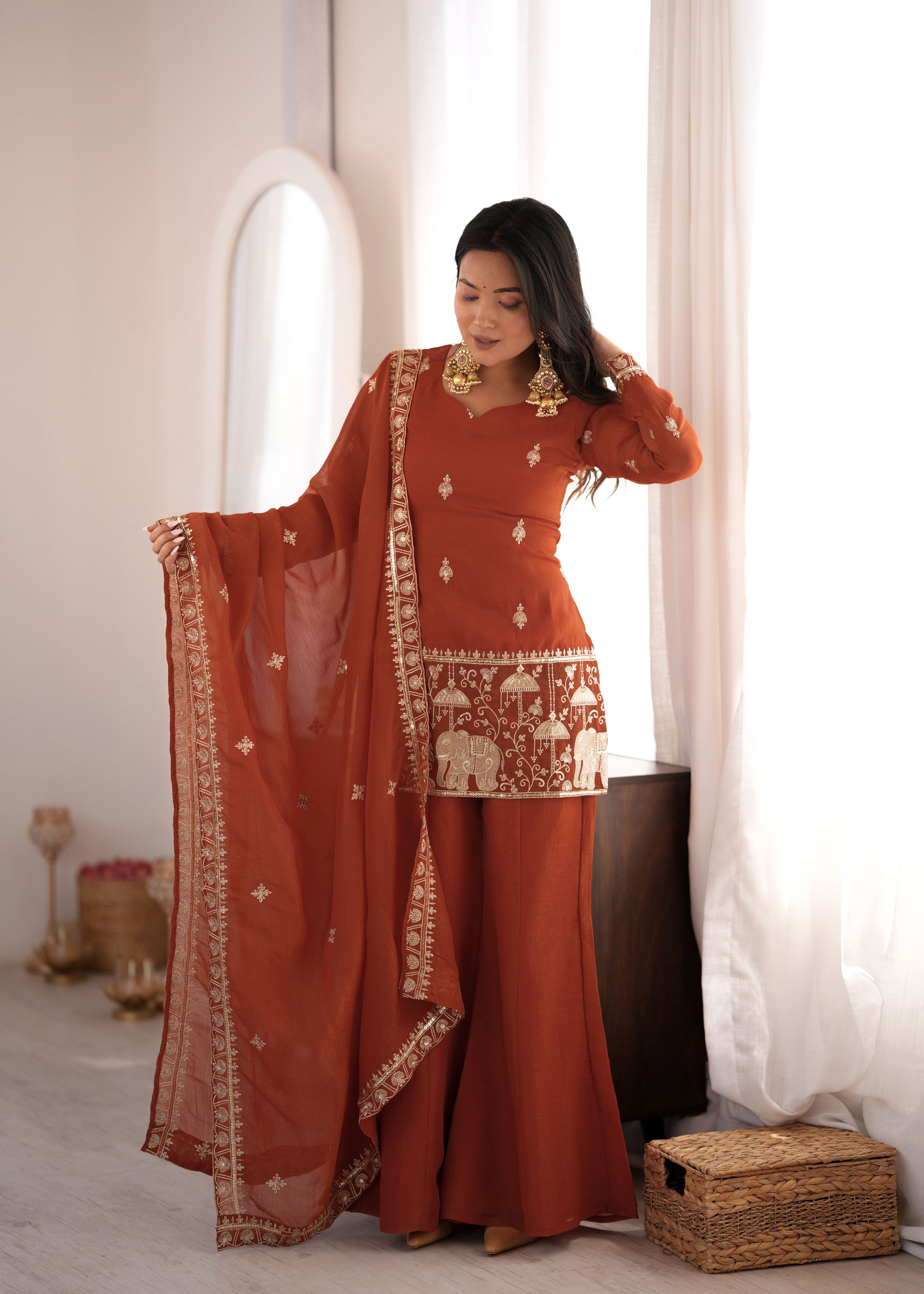 Rust Brown Crunchy Silk Embroidered Kurta Set with Bell Bottom Pants & Dupatta