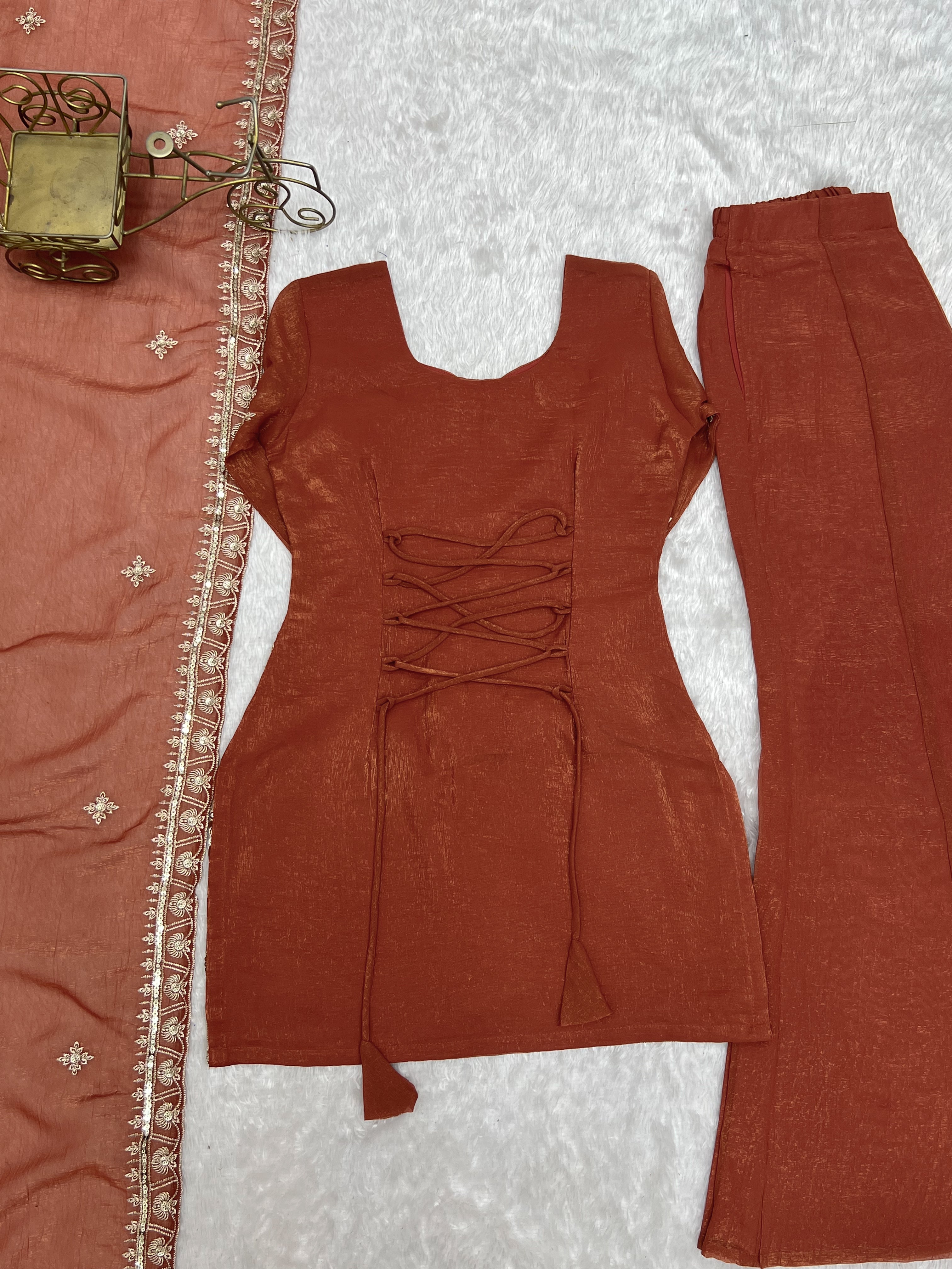 Rust Brown Crunchy Silk Embroidered Kurta Set with Bell Bottom Pants & Dupatta