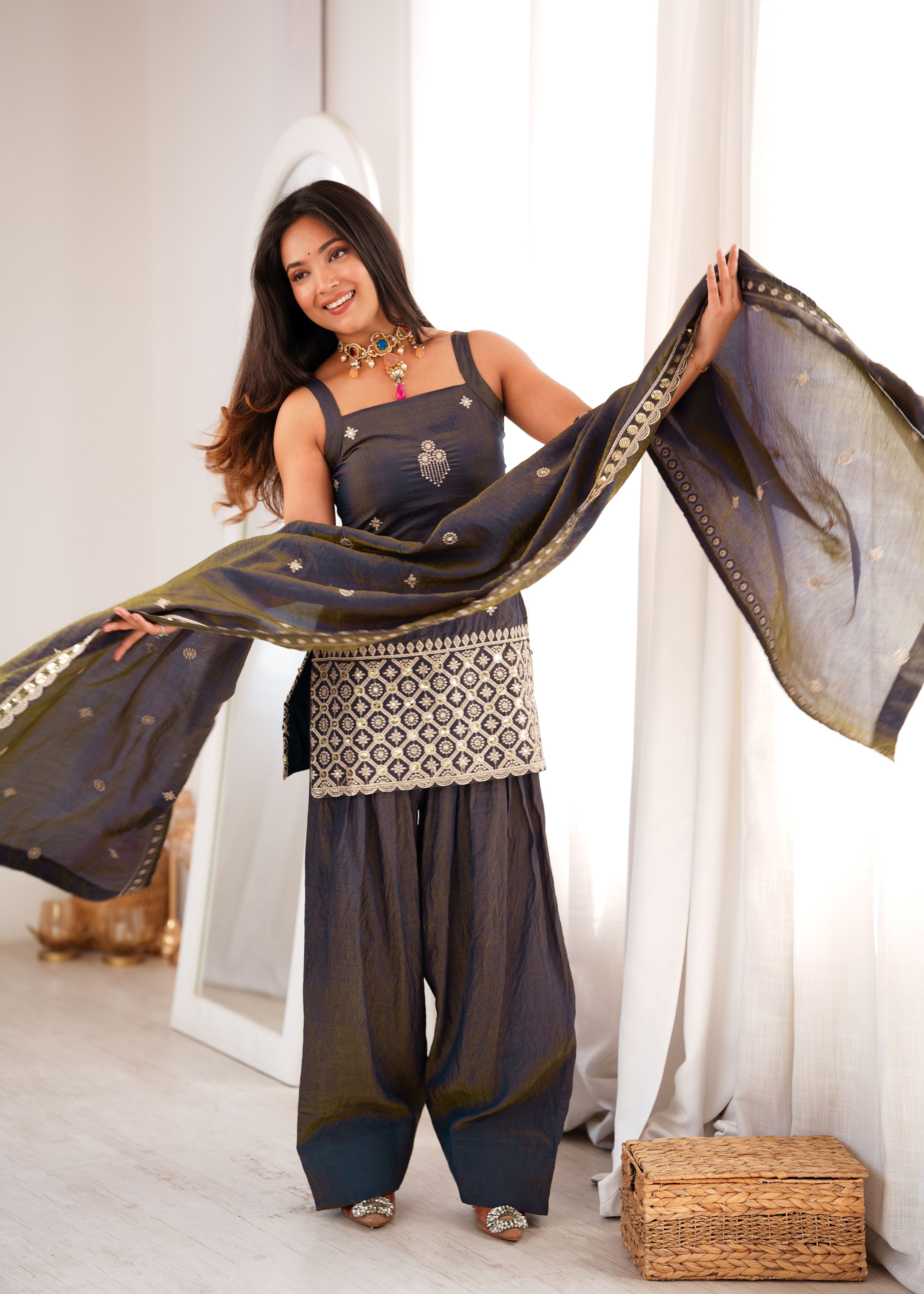 Charcoal Grey Vichitra Silk Embroidered Kurta Set with Farshi Shalwar & Dupatta