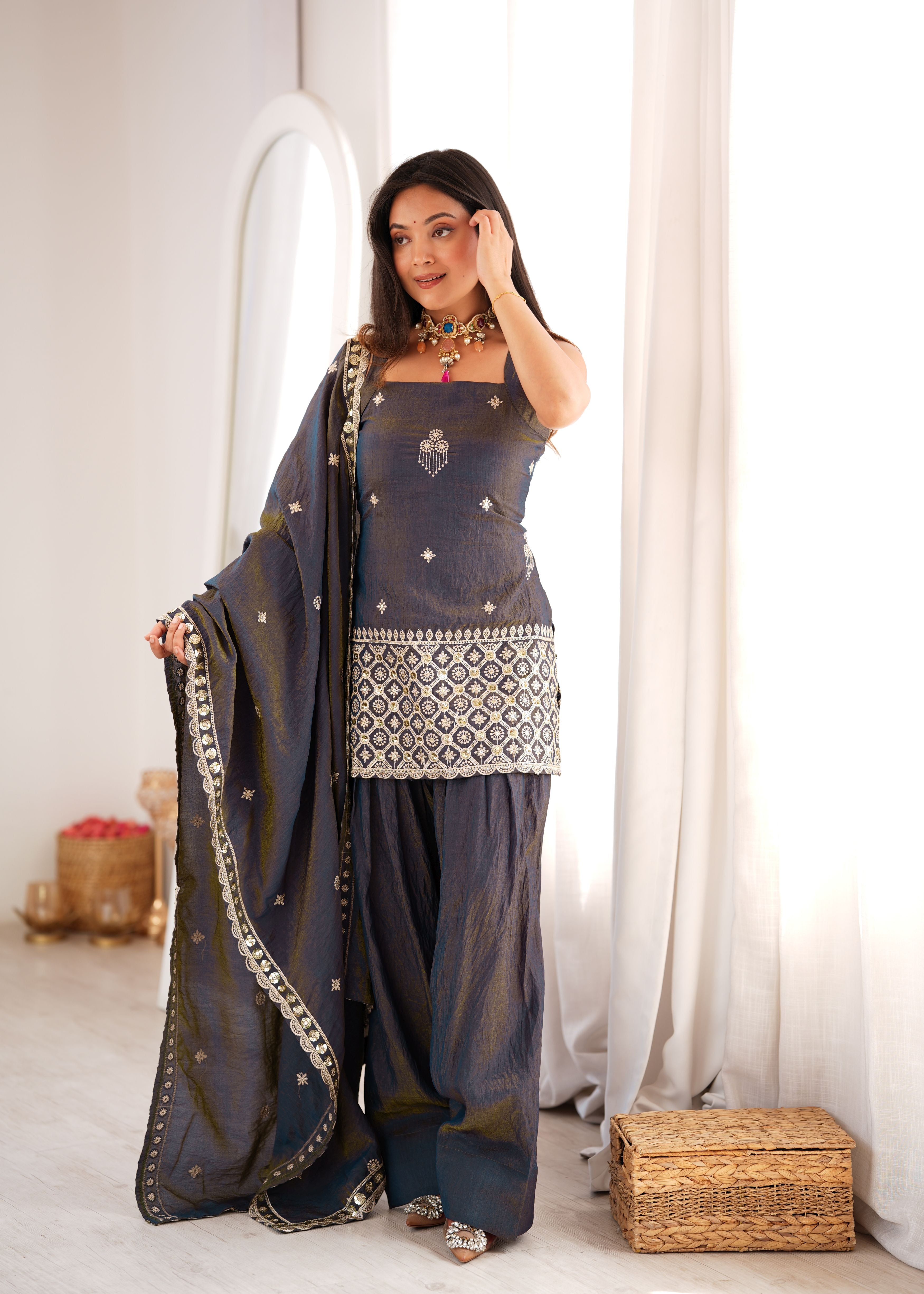 Charcoal Grey Vichitra Silk Embroidered Kurta Set with Farshi Shalwar & Dupatta