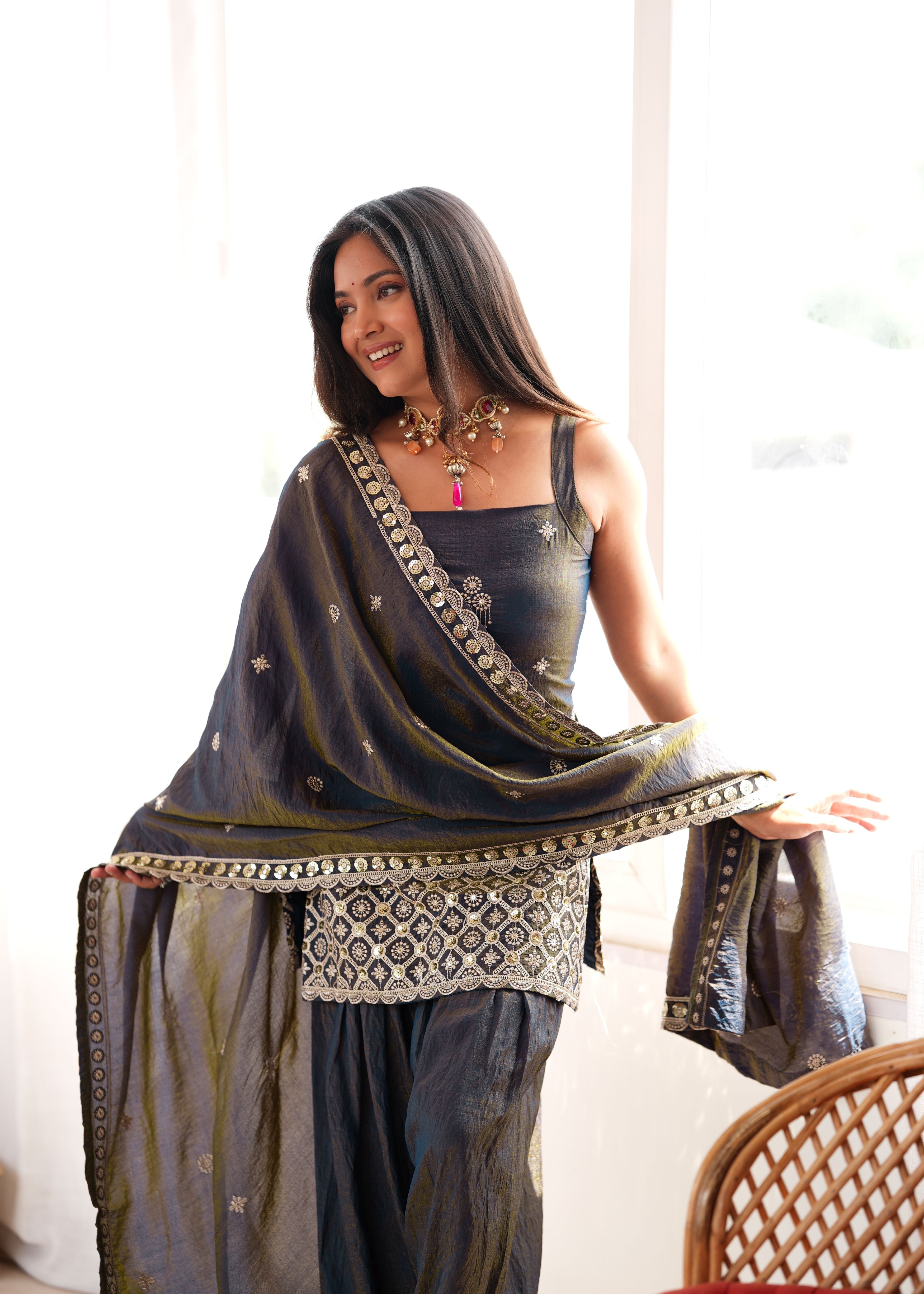 Charcoal Grey Vichitra Silk Embroidered Kurta Set with Farshi Shalwar & Dupatta