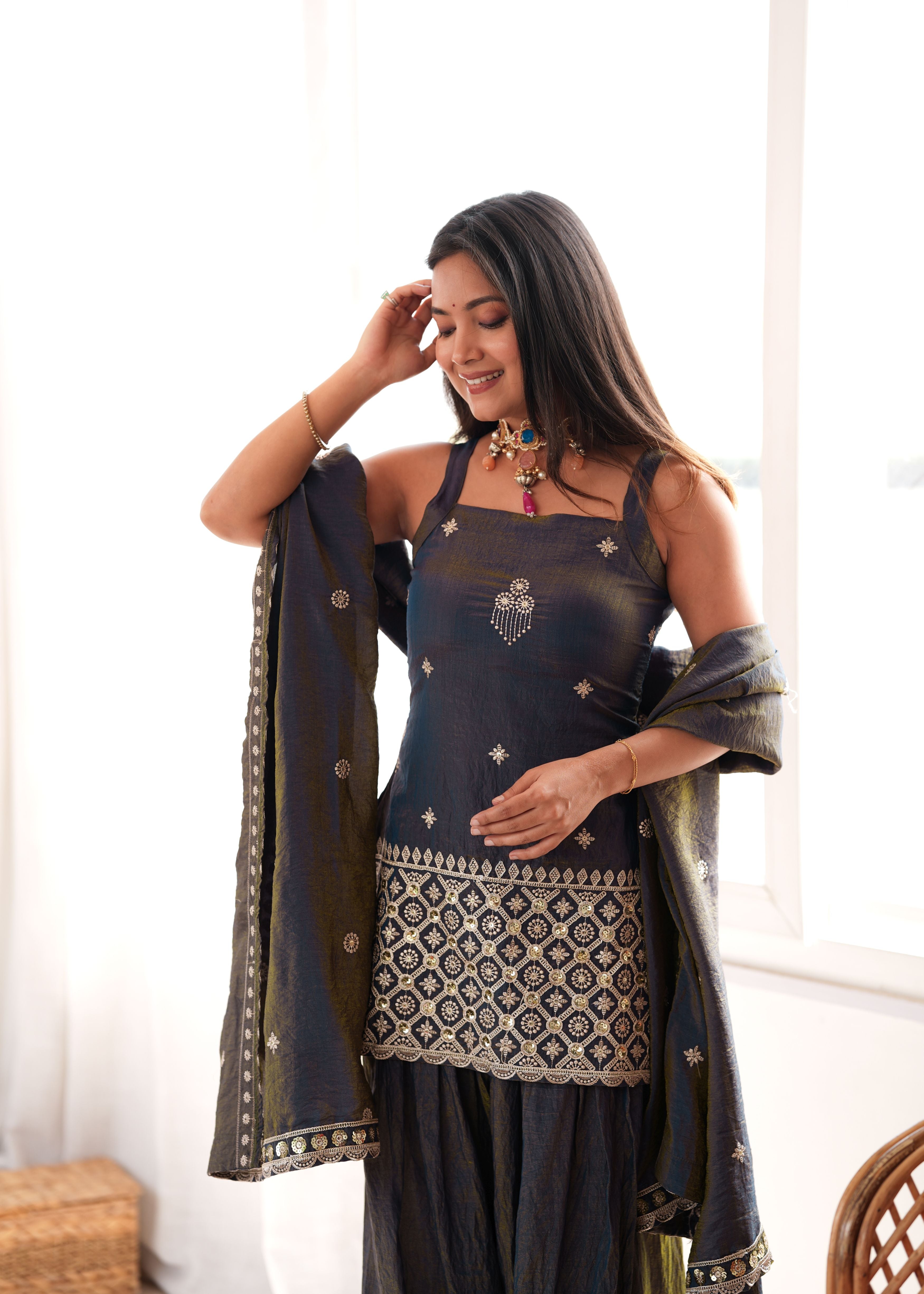 Charcoal Grey Vichitra Silk Embroidered Kurta Set with Farshi Shalwar & Dupatta