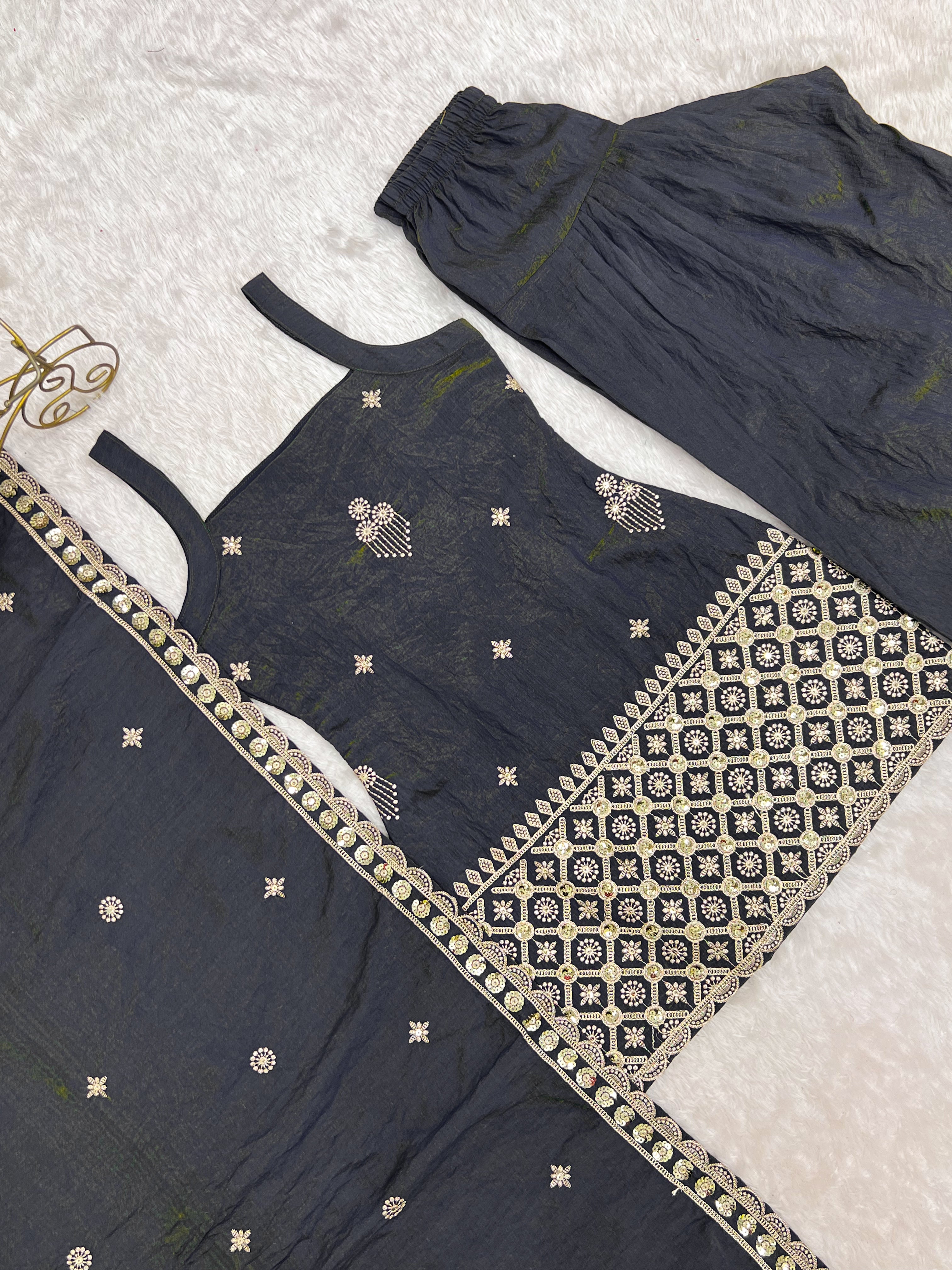Charcoal Grey Vichitra Silk Embroidered Kurta Set with Farshi Shalwar & Dupatta