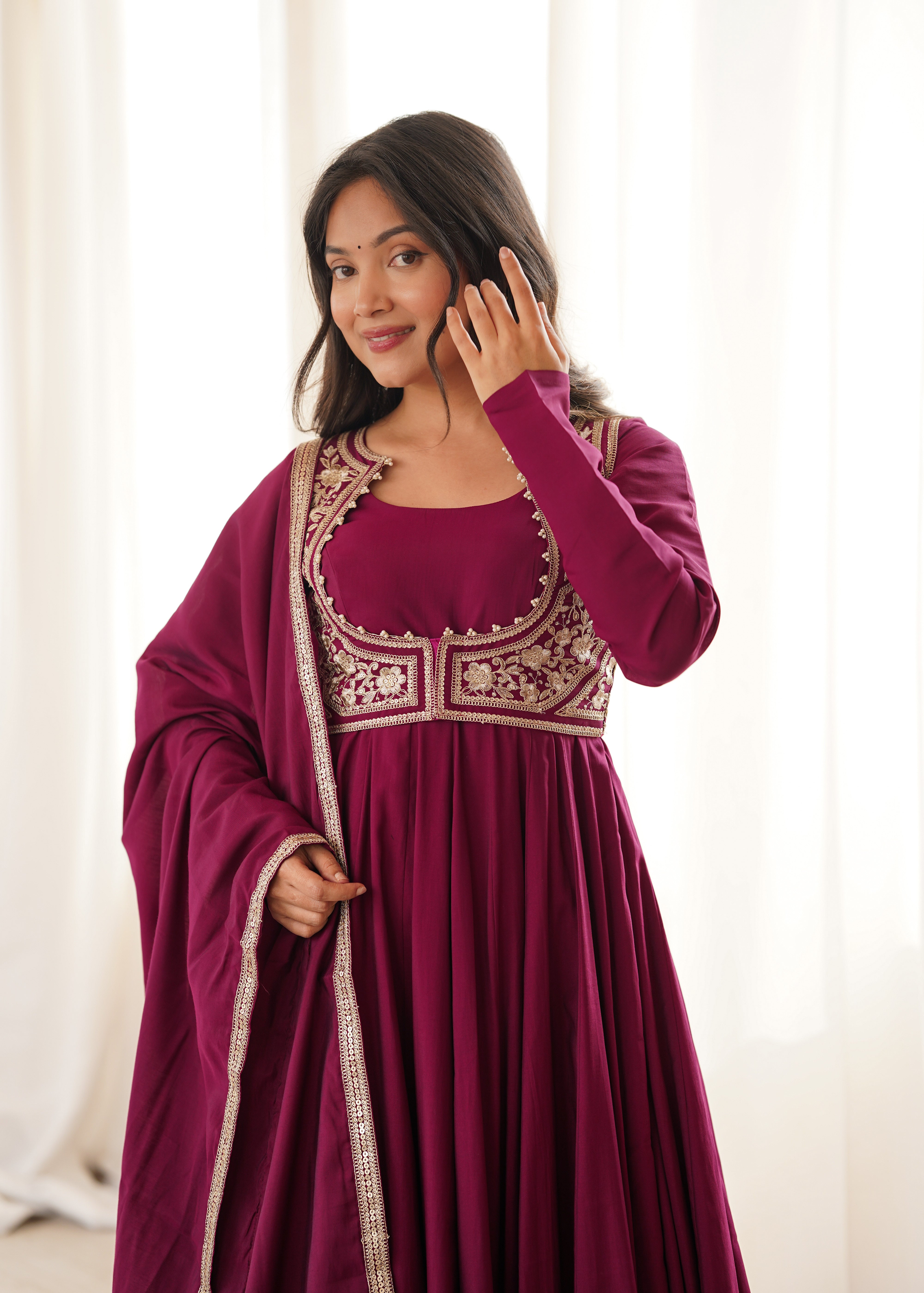 Wine Pure Roman Silk Chanderi 16 Kali Anarkali Gown Set with Embroidered Jacket, Dupatta & Pant