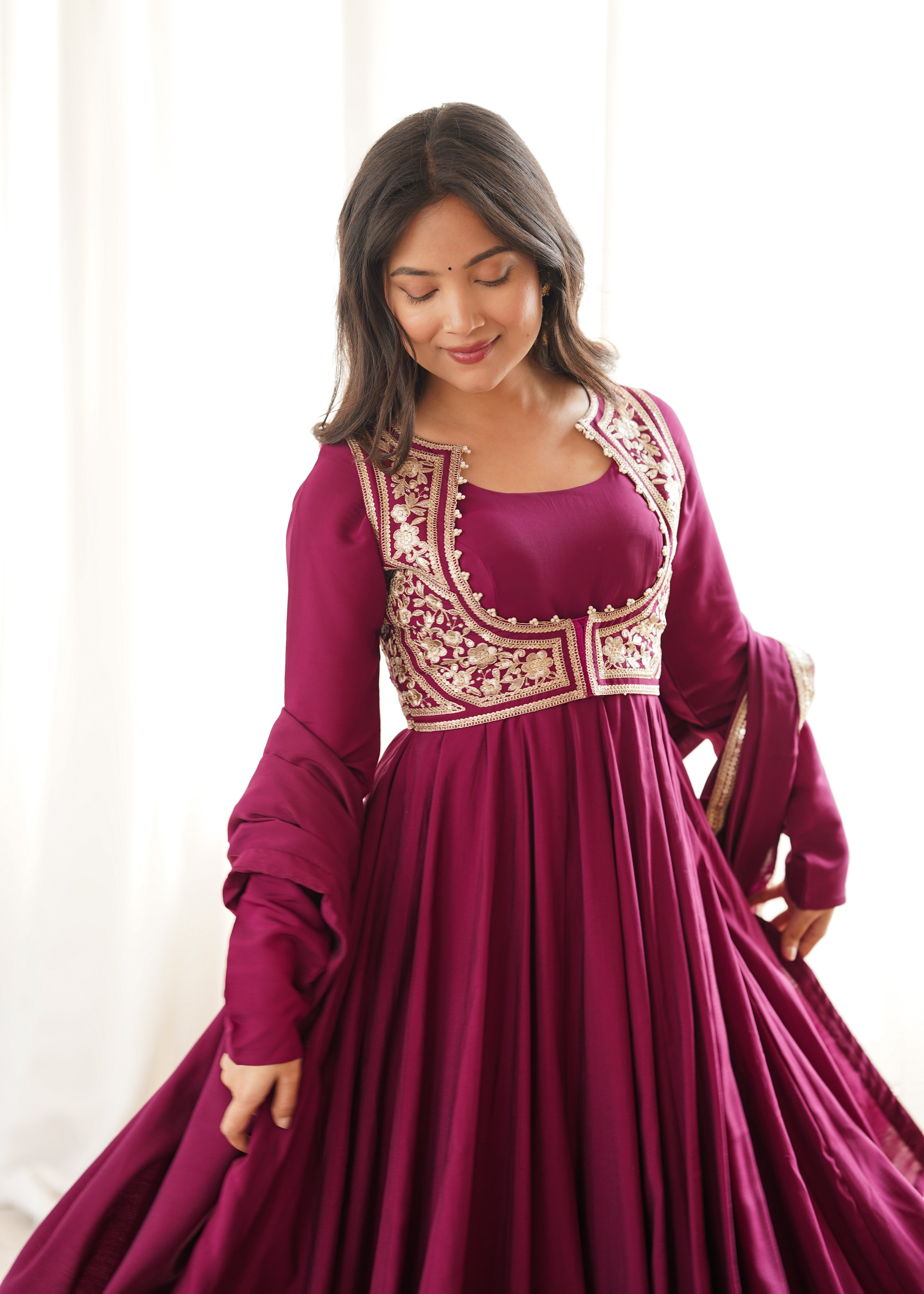 Wine Pure Roman Silk Chanderi 16 Kali Anarkali Gown Set with Embroidered Jacket, Dupatta & Pant