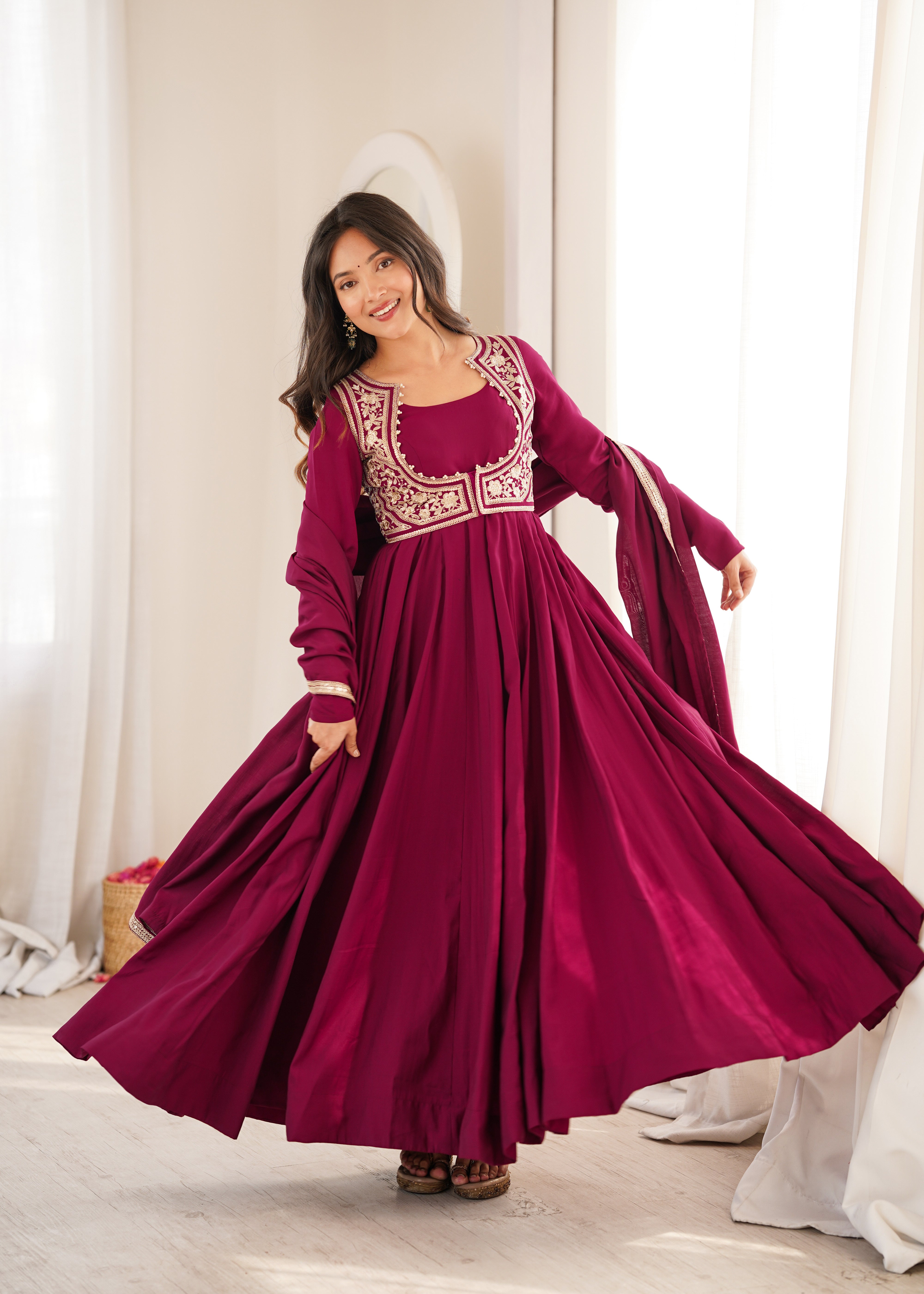 Wine Pure Roman Silk Chanderi 16 Kali Anarkali Gown Set with Embroidered Jacket, Dupatta & Pant