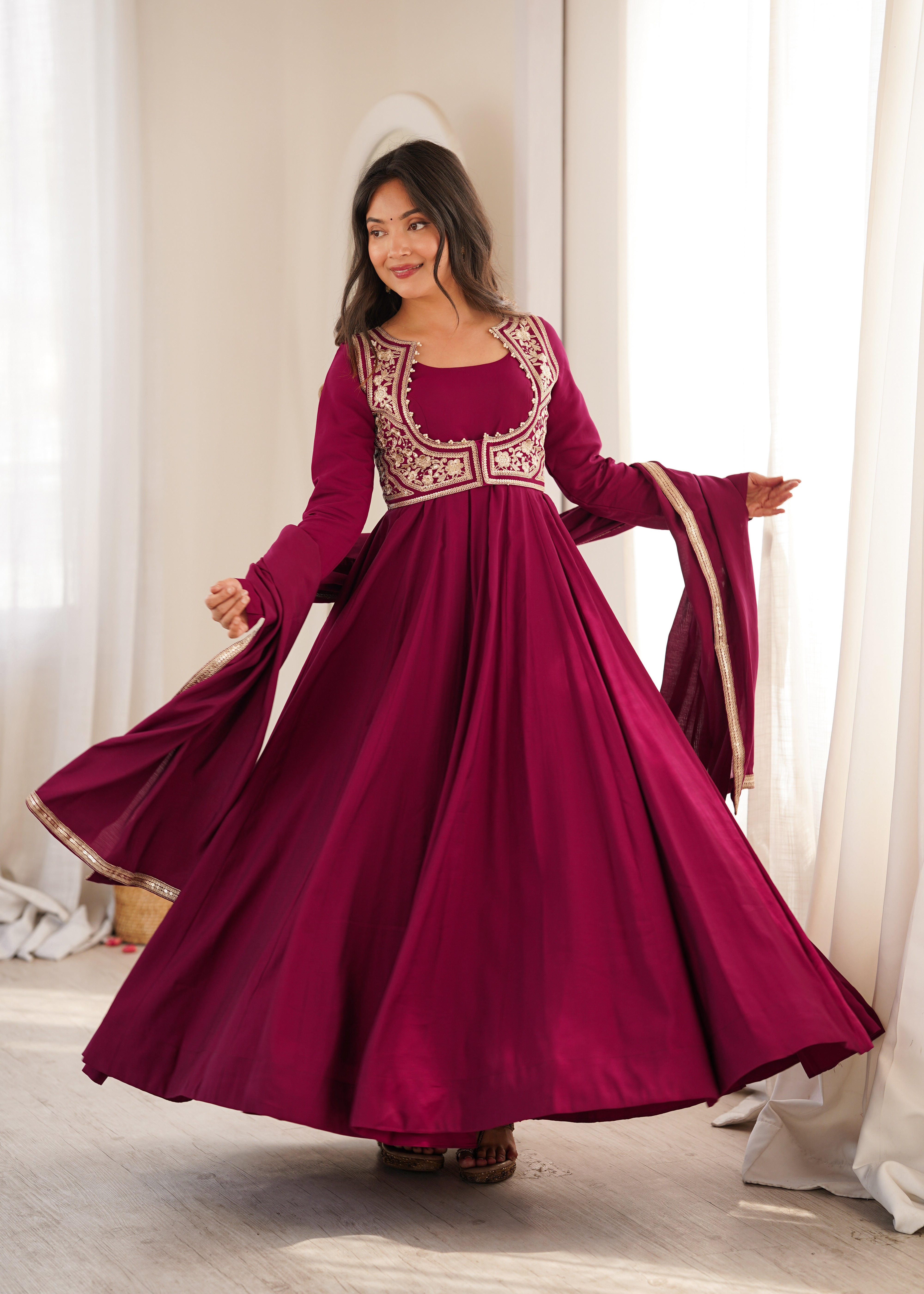 Wine Pure Roman Silk Chanderi 16 Kali Anarkali Gown Set with Embroidered Jacket, Dupatta & Pant