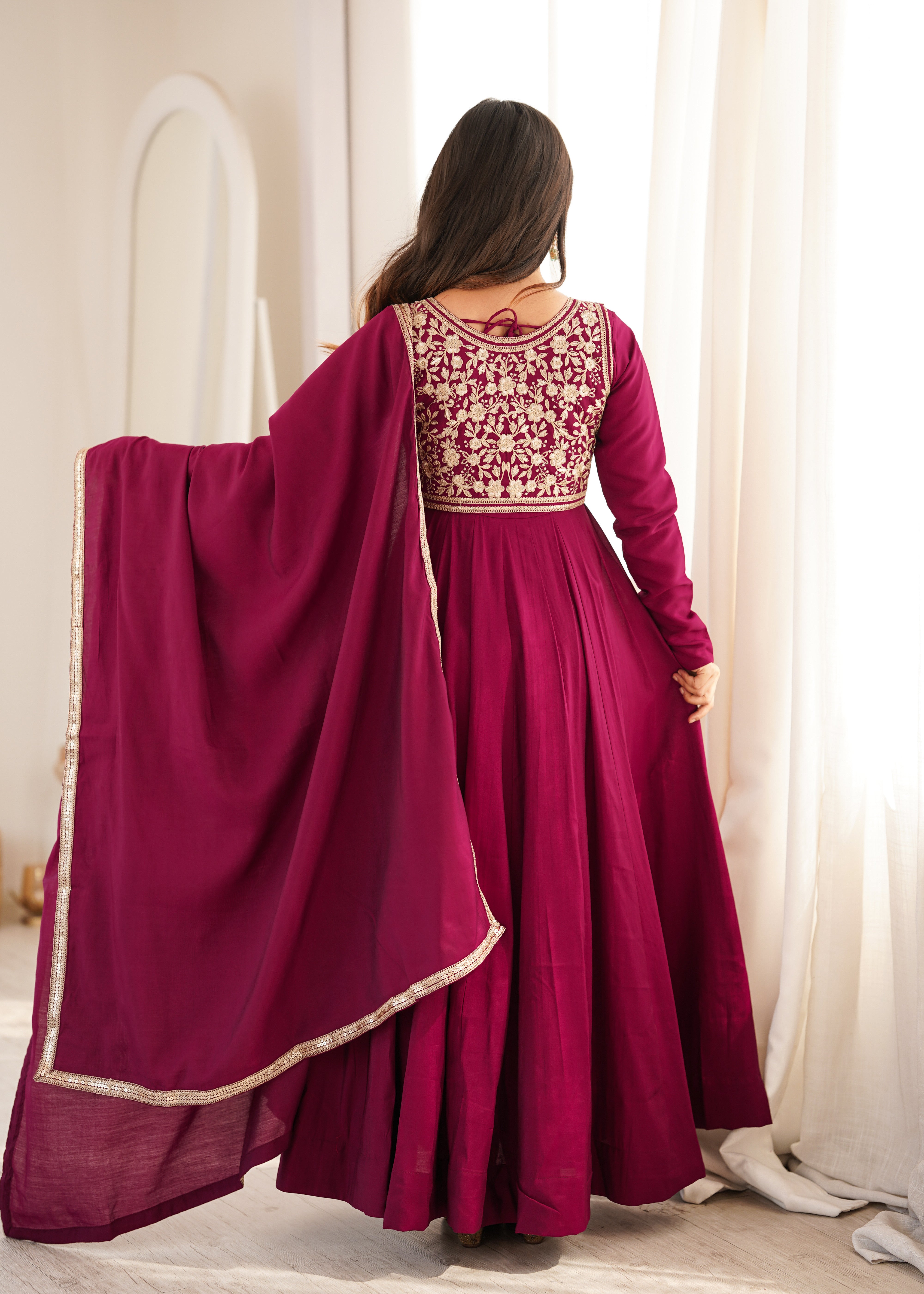 Wine Pure Roman Silk Chanderi 16 Kali Anarkali Gown Set with Embroidered Jacket, Dupatta & Pant