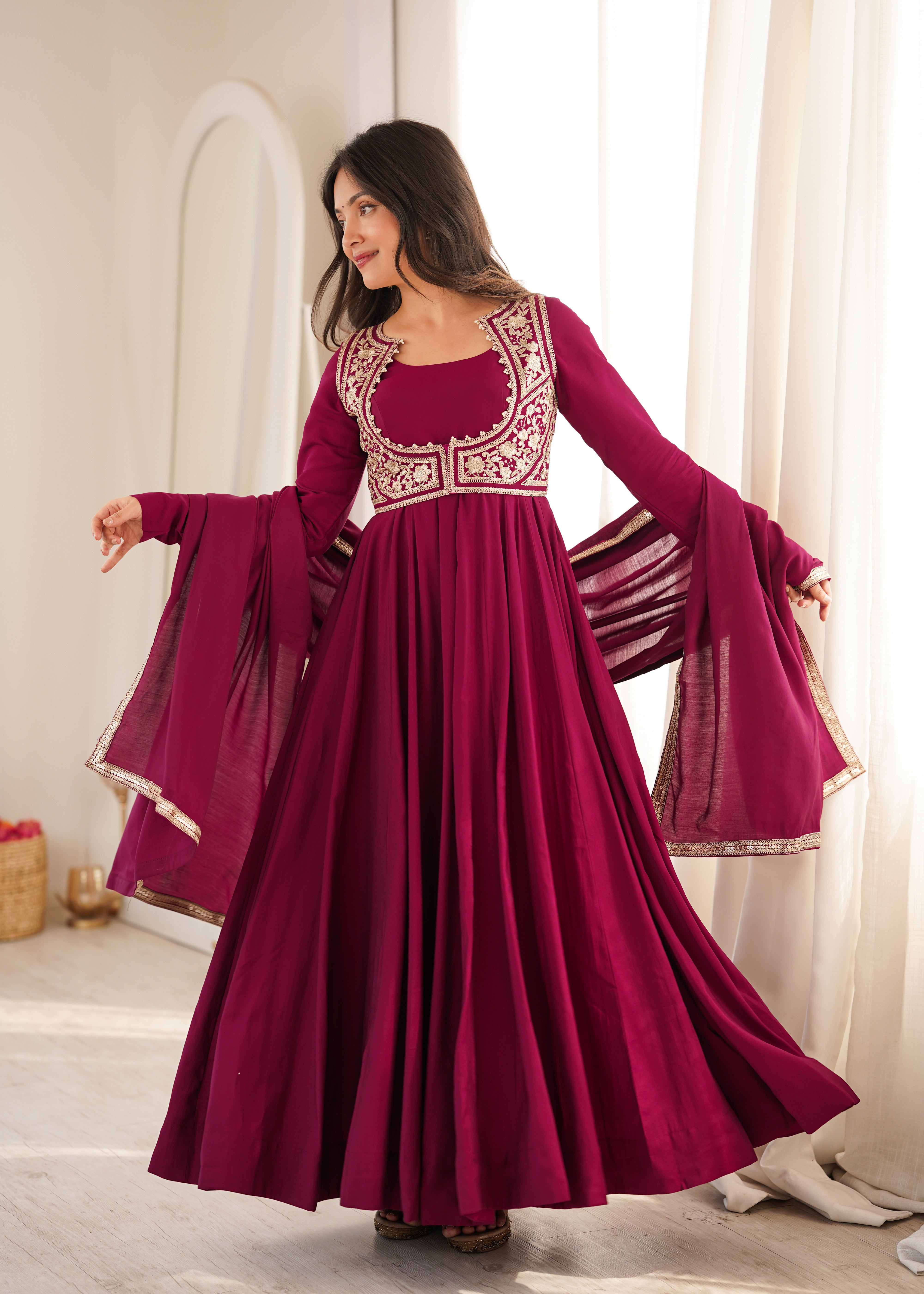 Wine Pure Roman Silk Chanderi 16 Kali Anarkali Gown Set with Embroidered Jacket, Dupatta & Pant