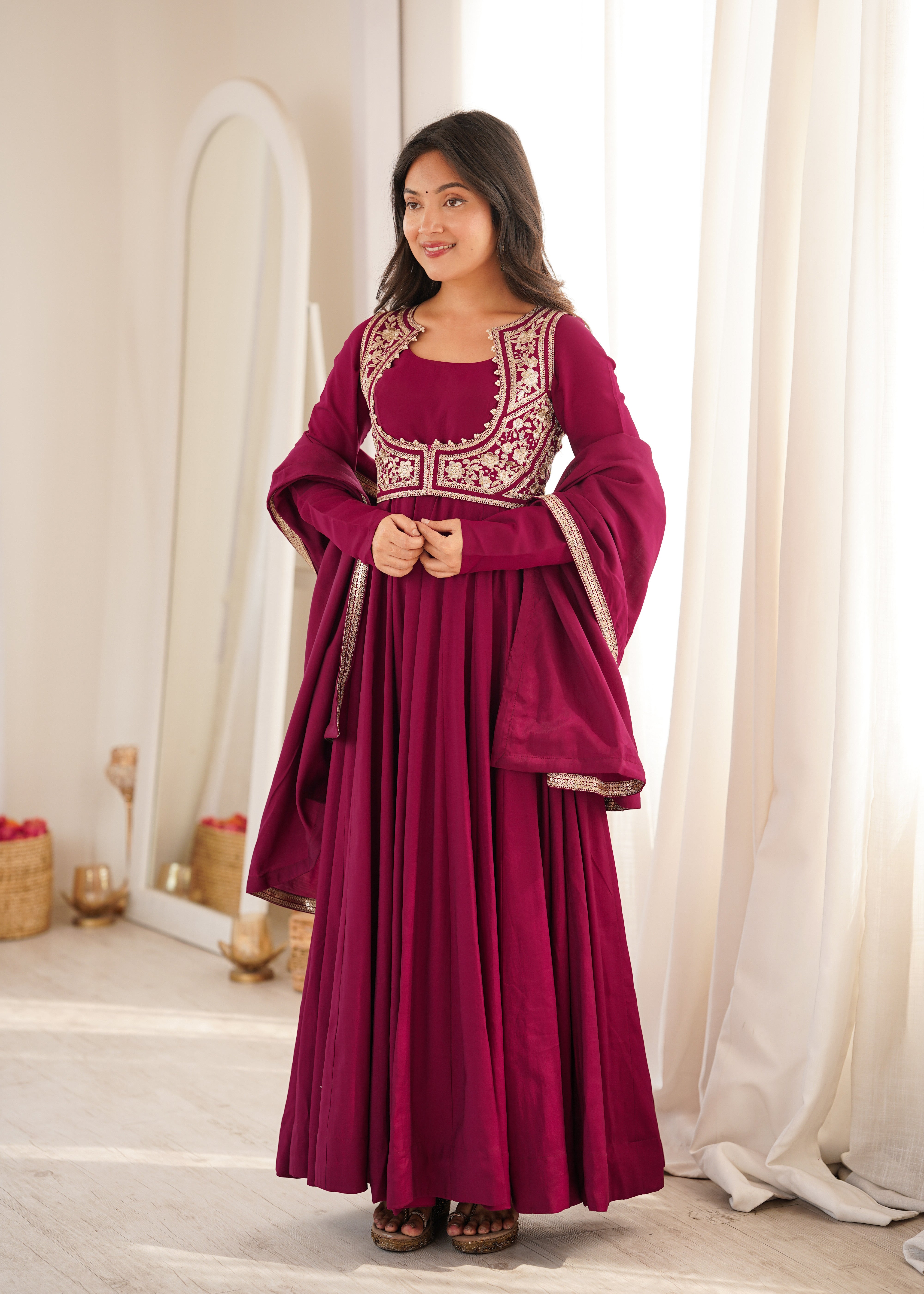 Wine Pure Roman Silk Chanderi 16 Kali Anarkali Gown Set with Embroidered Jacket, Dupatta & Pant