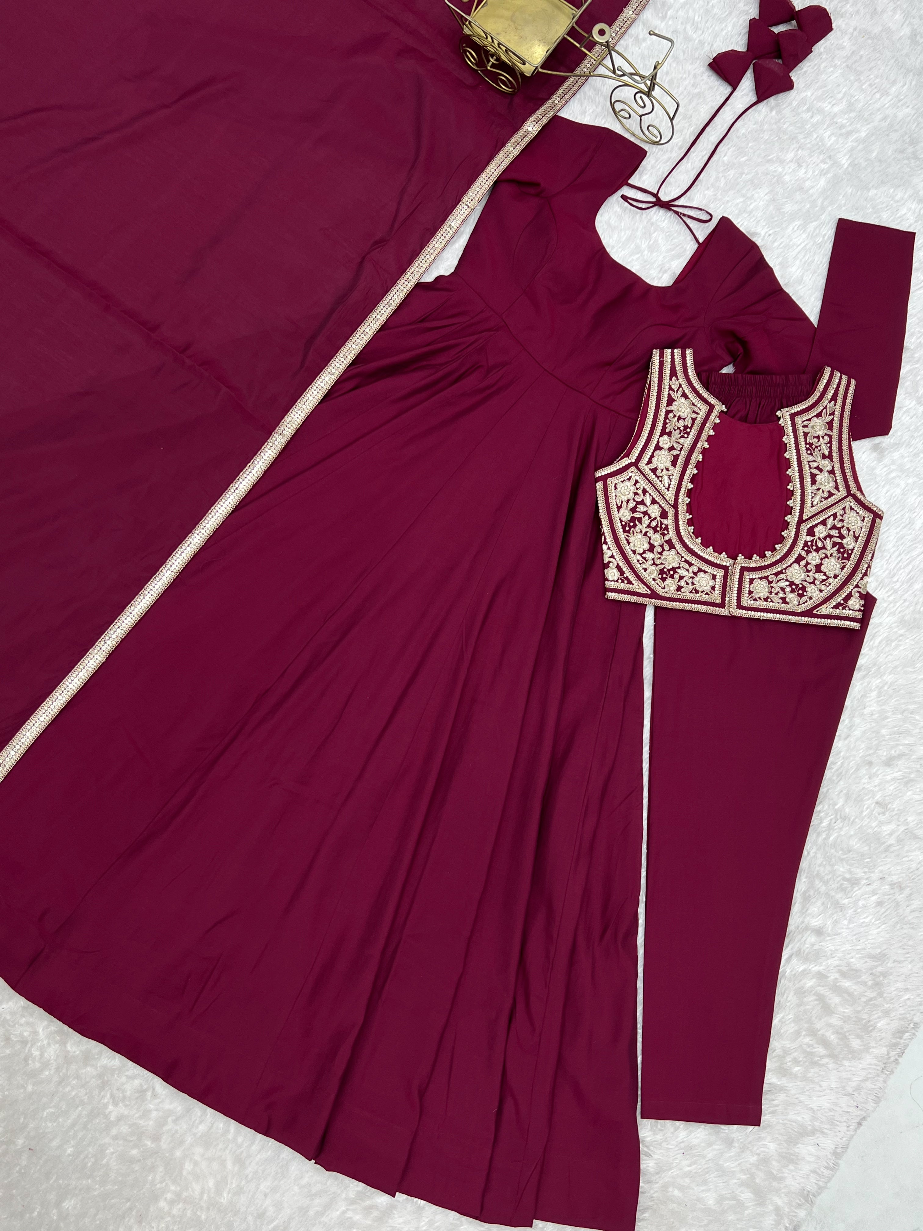 Wine Pure Roman Silk Chanderi 16 Kali Anarkali Gown Set with Embroidered Jacket, Dupatta & Pant