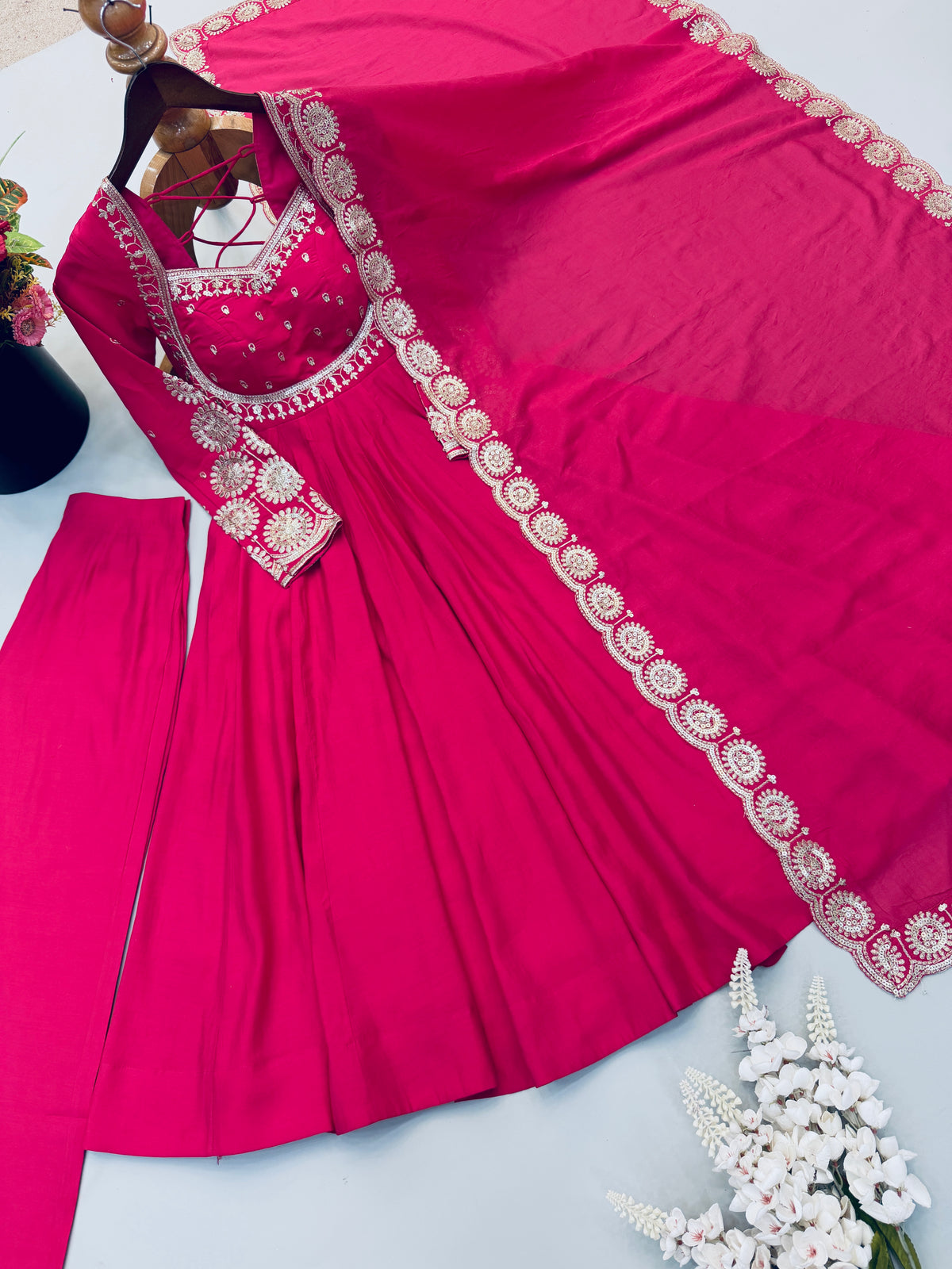 Hot Pink Roman Silk Embroidered Anarkali Gown Set with Chanderi Dupatta