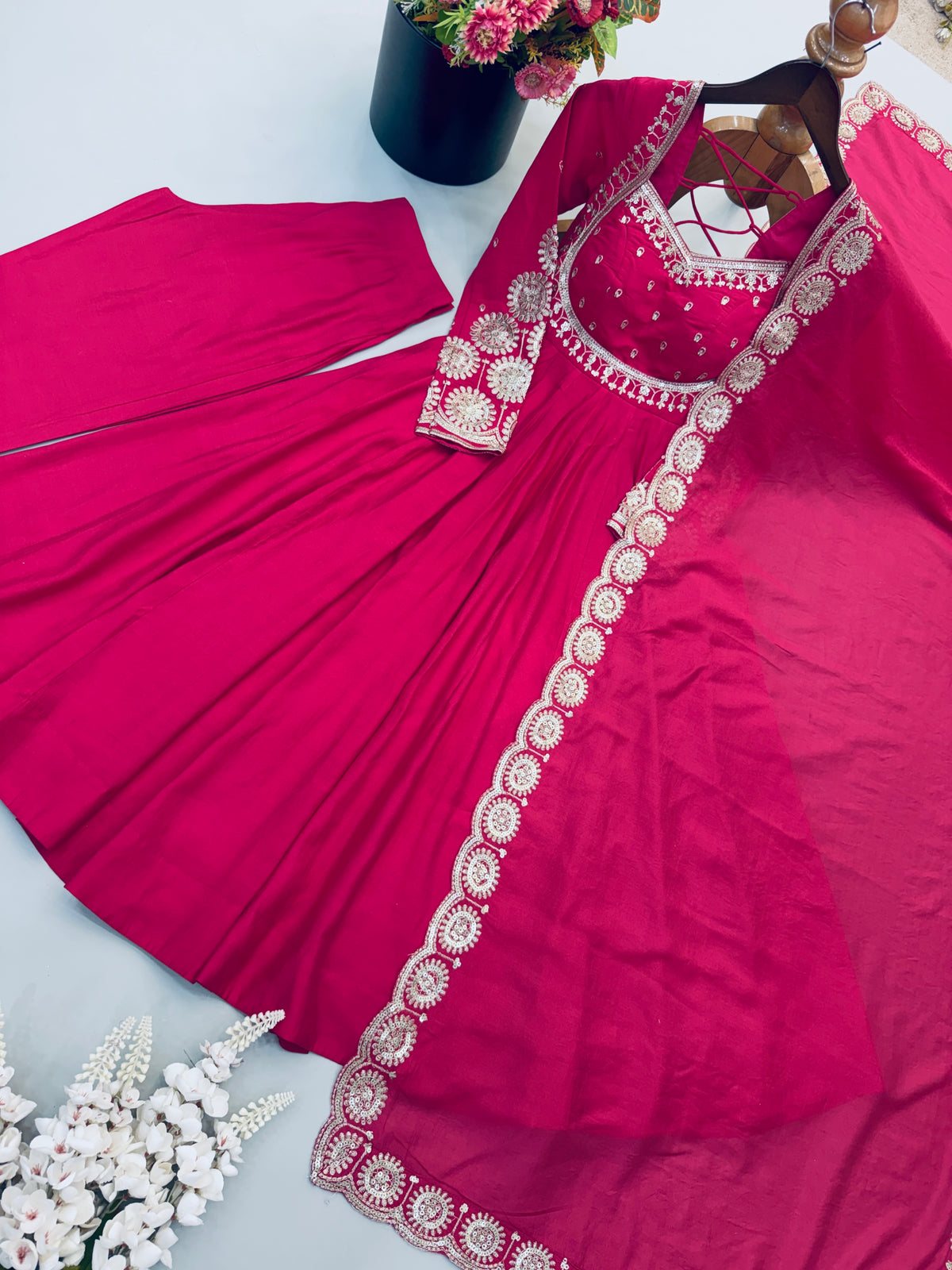 Hot Pink Roman Silk Embroidered Anarkali Gown Set with Chanderi Dupatta
