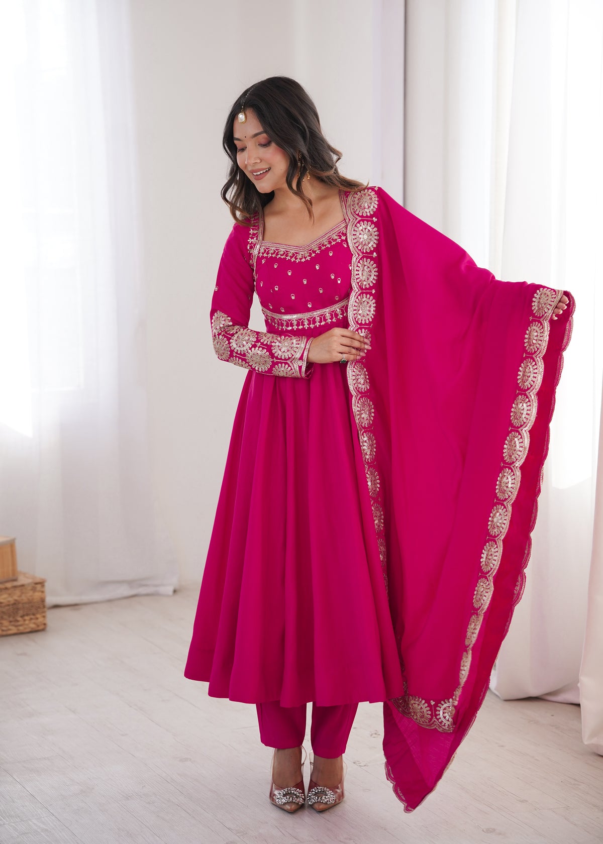 Hot Pink Roman Silk Embroidered Anarkali Gown Set with Chanderi Dupatta