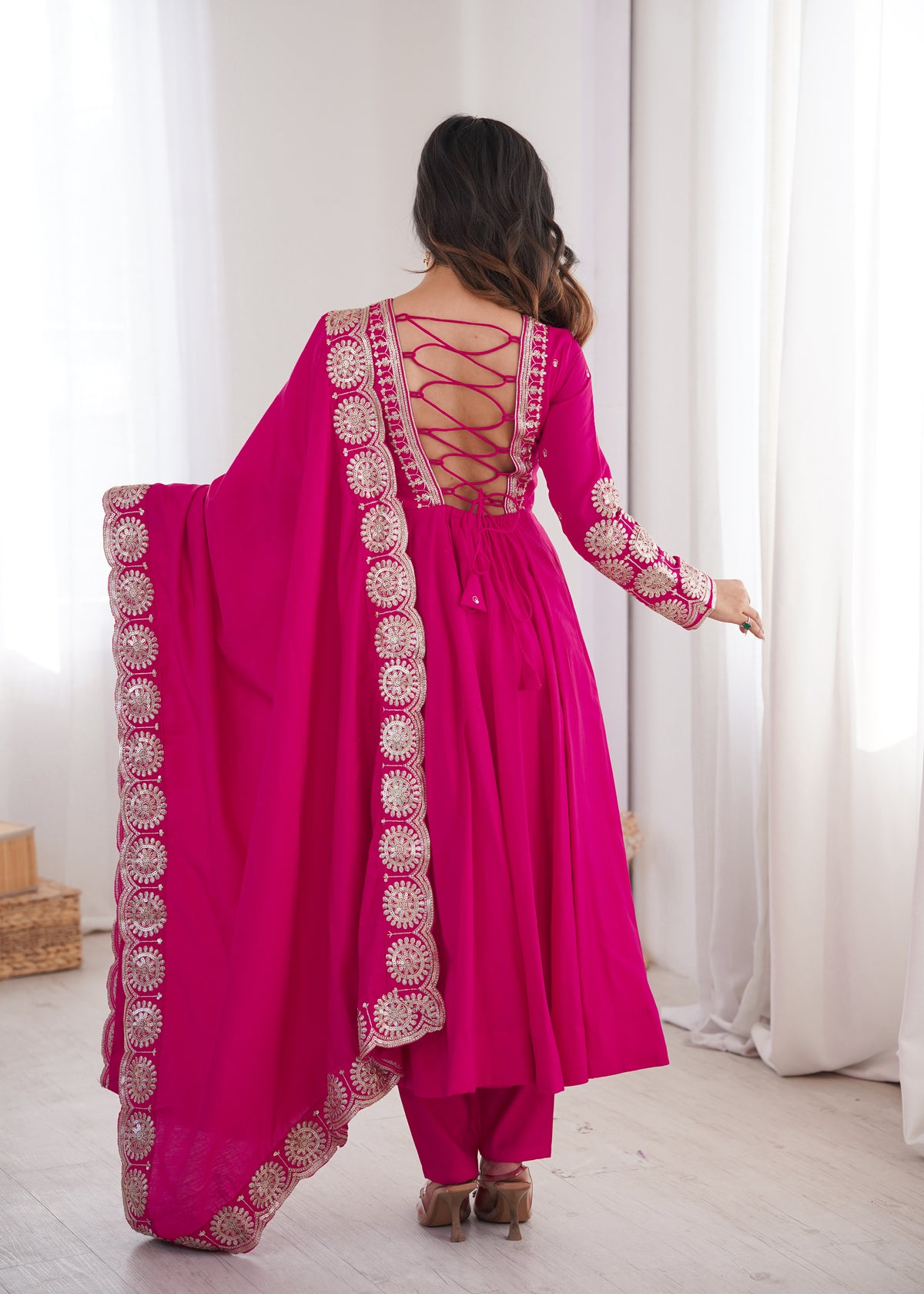 Hot Pink Roman Silk Embroidered Anarkali Gown Set with Chanderi Dupatta