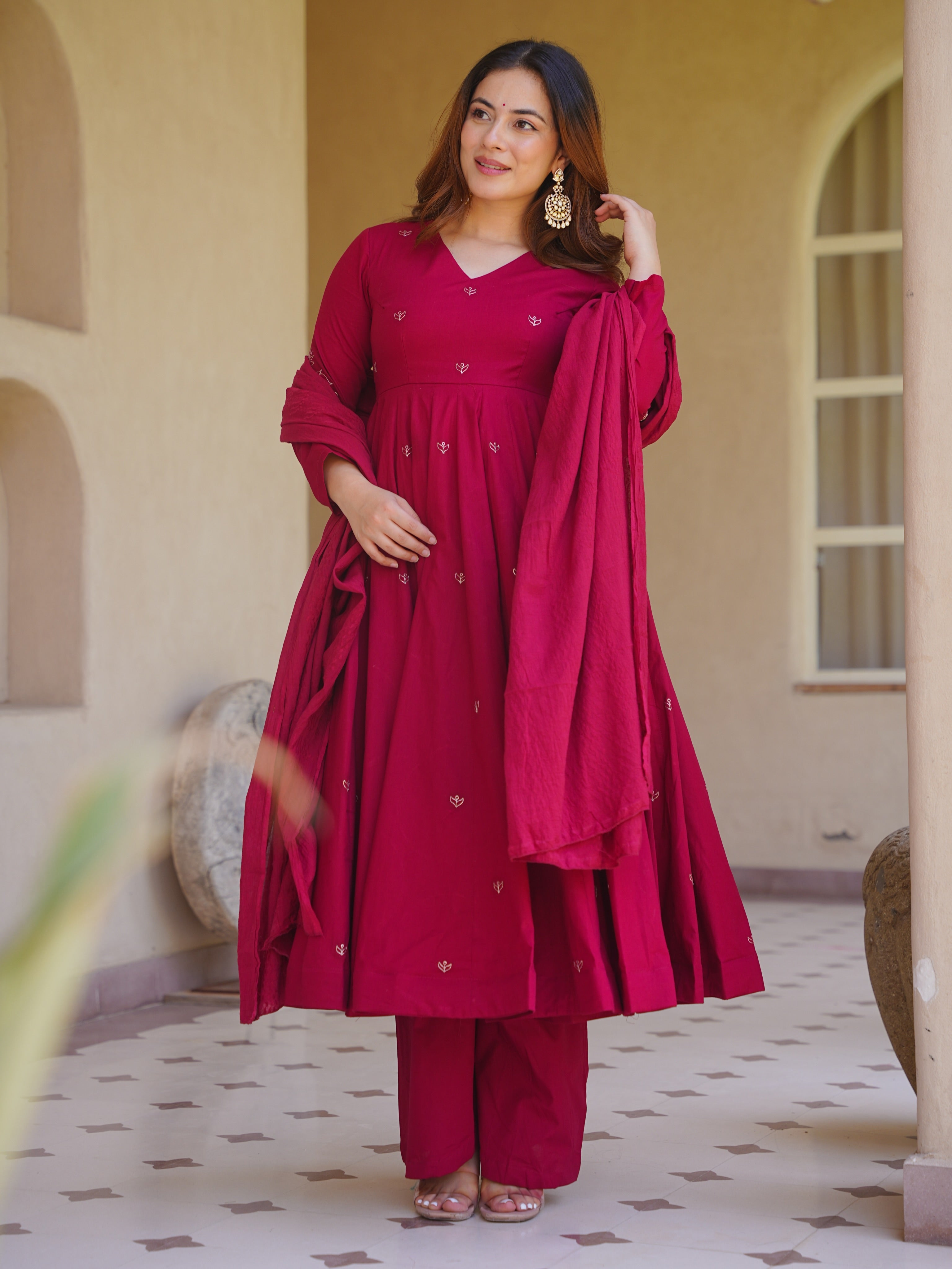 Rani Pink Roman Silk Embroidered Anarkali Suit Set with Chanderi Dupatta