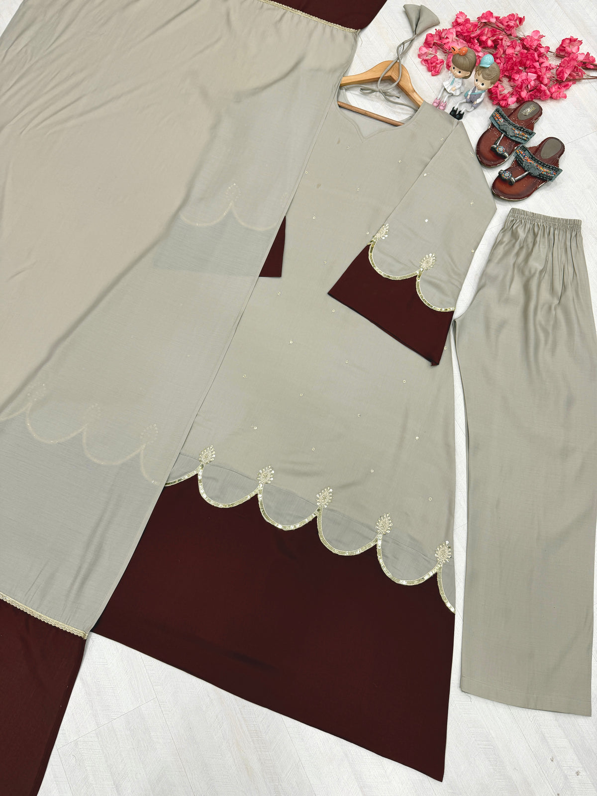 Beige & Maroon Roman Silk Embroidered Kaftan Palazzo Set with Dupatta