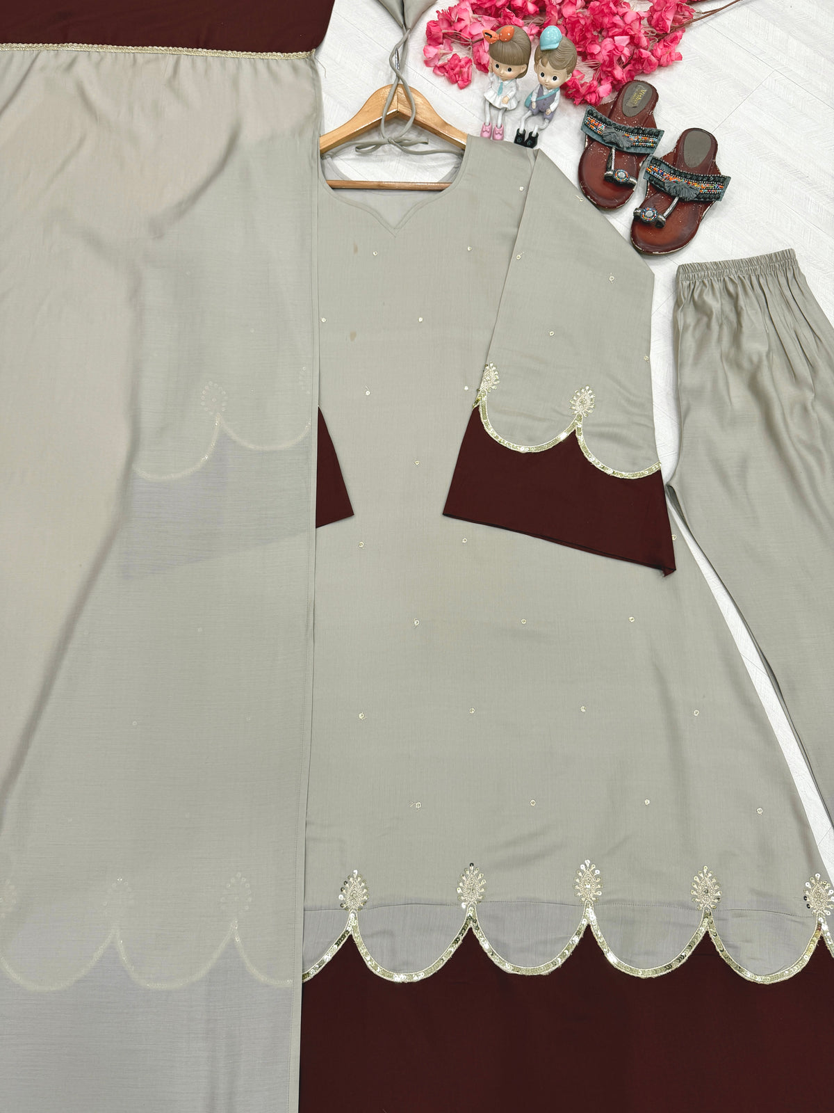 Beige & Maroon Roman Silk Embroidered Kaftan Palazzo Set with Dupatta