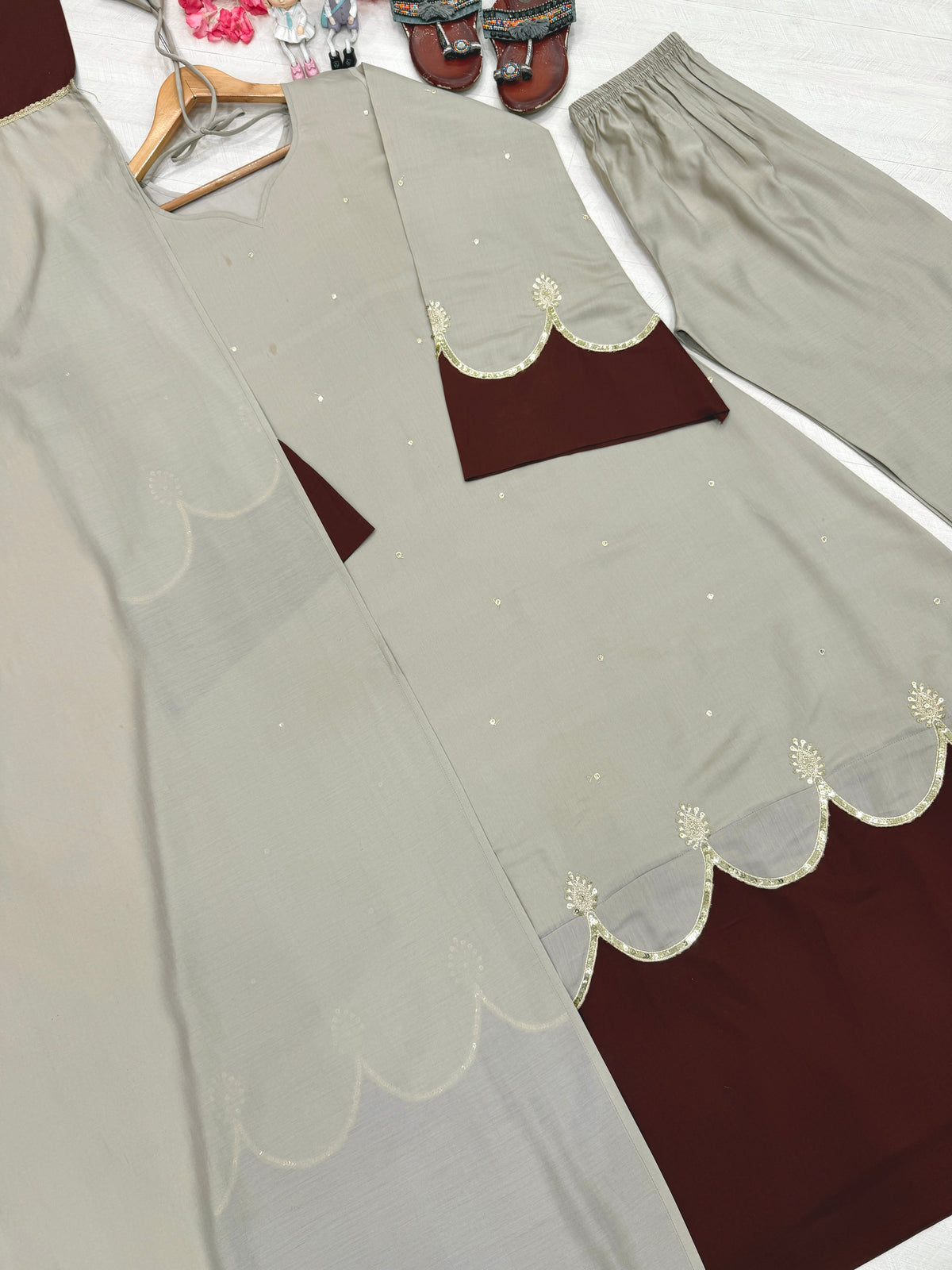 Beige & Maroon Roman Silk Embroidered Kaftan Palazzo Set with Dupatta