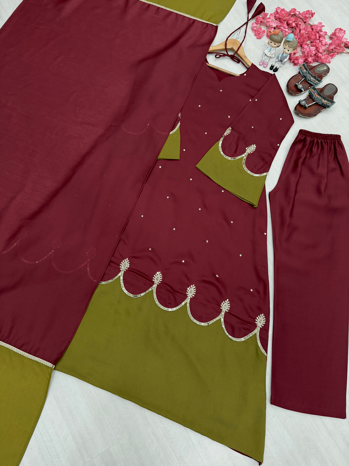 Maroon & Olive Green Roman Silk Embroidered Kaftan Palazzo Set with Dupatta