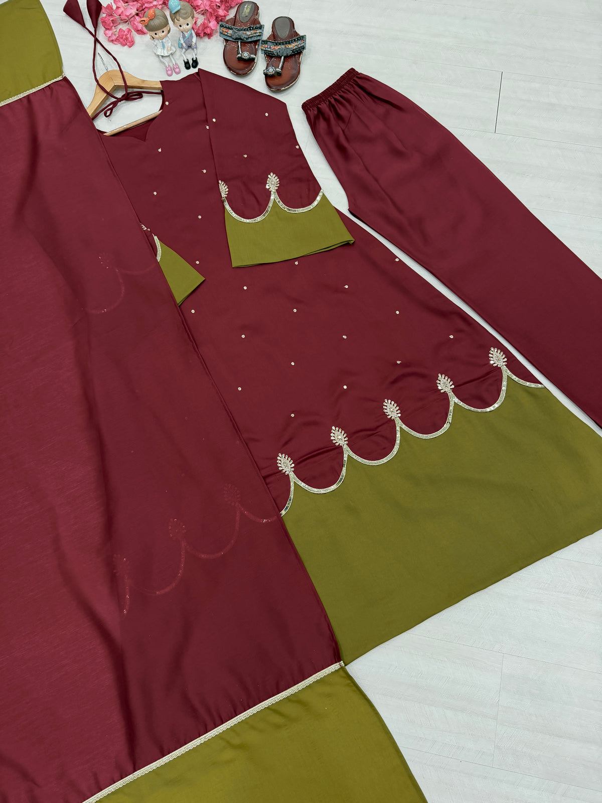 Maroon & Olive Green Roman Silk Embroidered Kaftan Palazzo Set with Dupatta