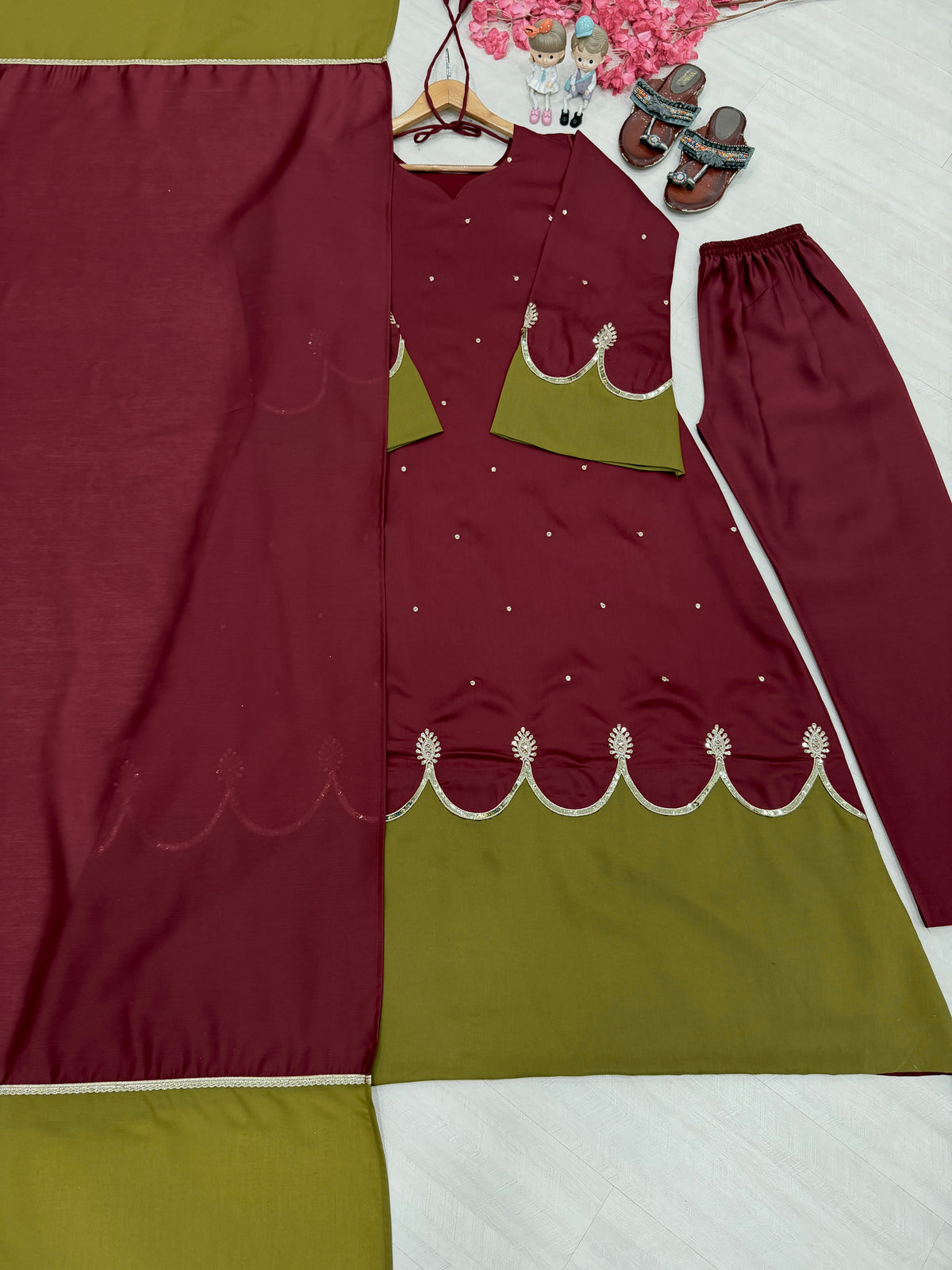 Maroon & Olive Green Roman Silk Embroidered Kaftan Palazzo Set with Dupatta